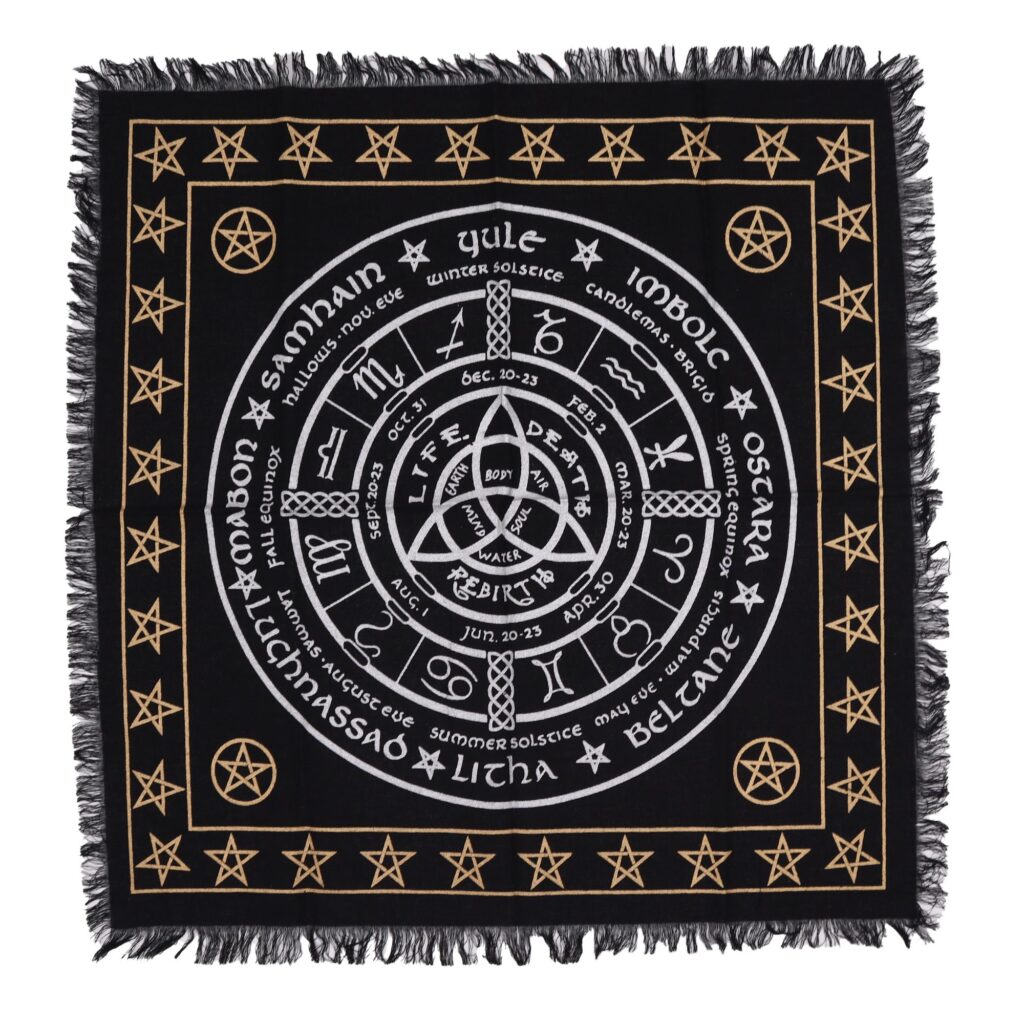 Mantel de altar esotérico con flecos – Vida Muerte Renacimiento