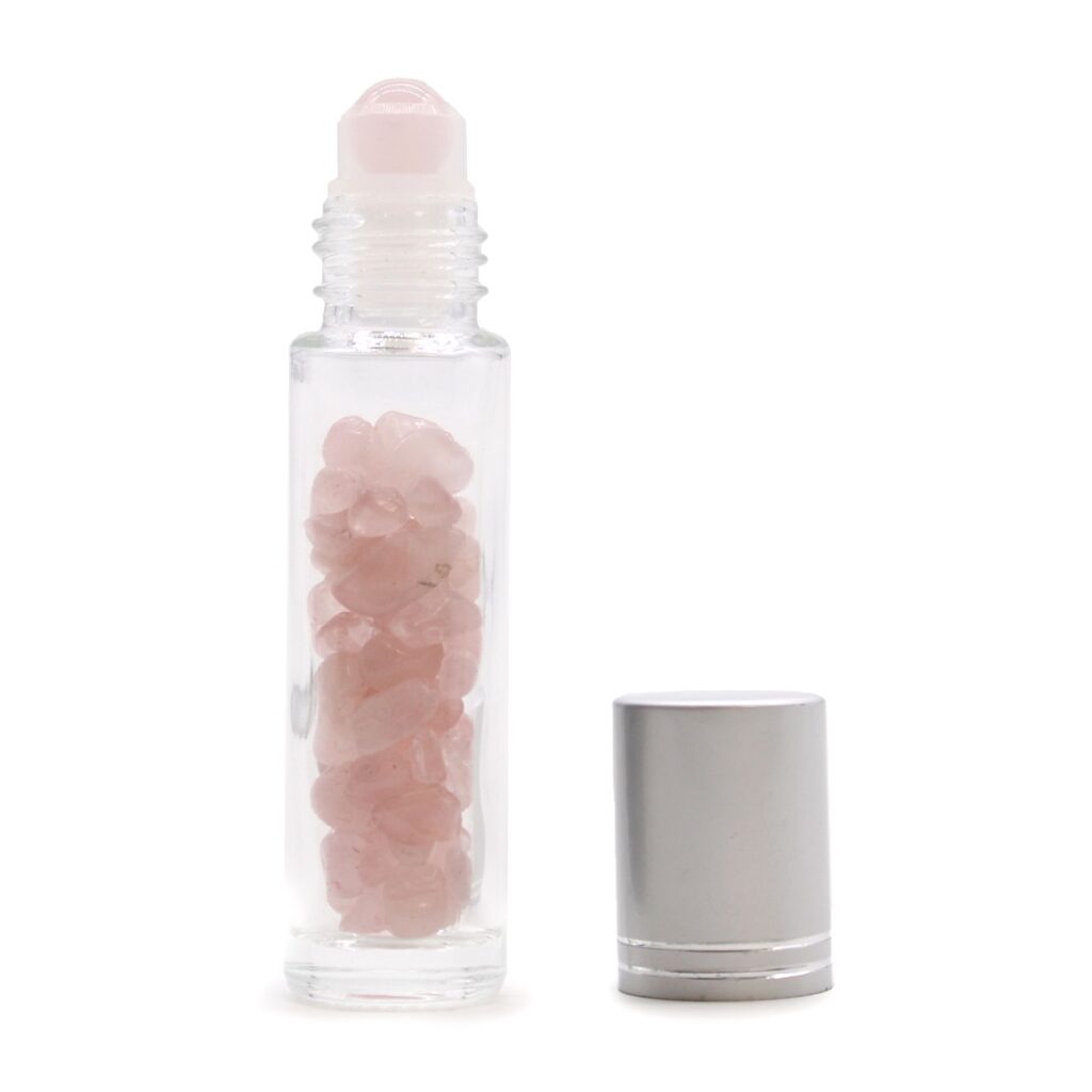 Botella de rodillo de aceite esencial de piedras preciosas – Cuarzo rosa – Tapa plateada