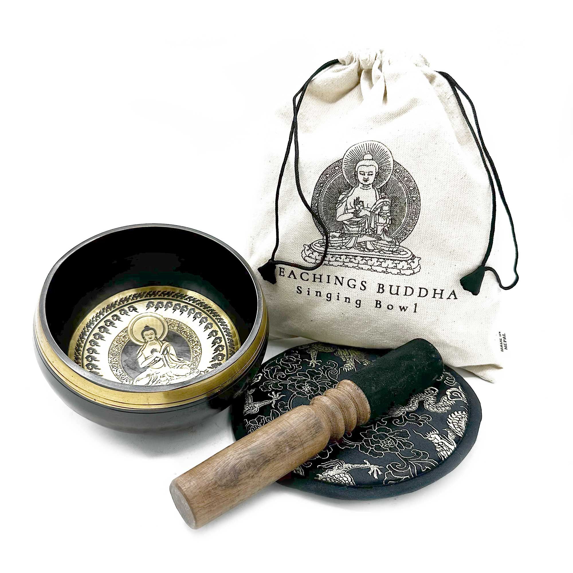 Set de regalo de cuenco tibetano batido y grabado a mano - 14 cm - Enseñanzas de Buda - Imagen 2