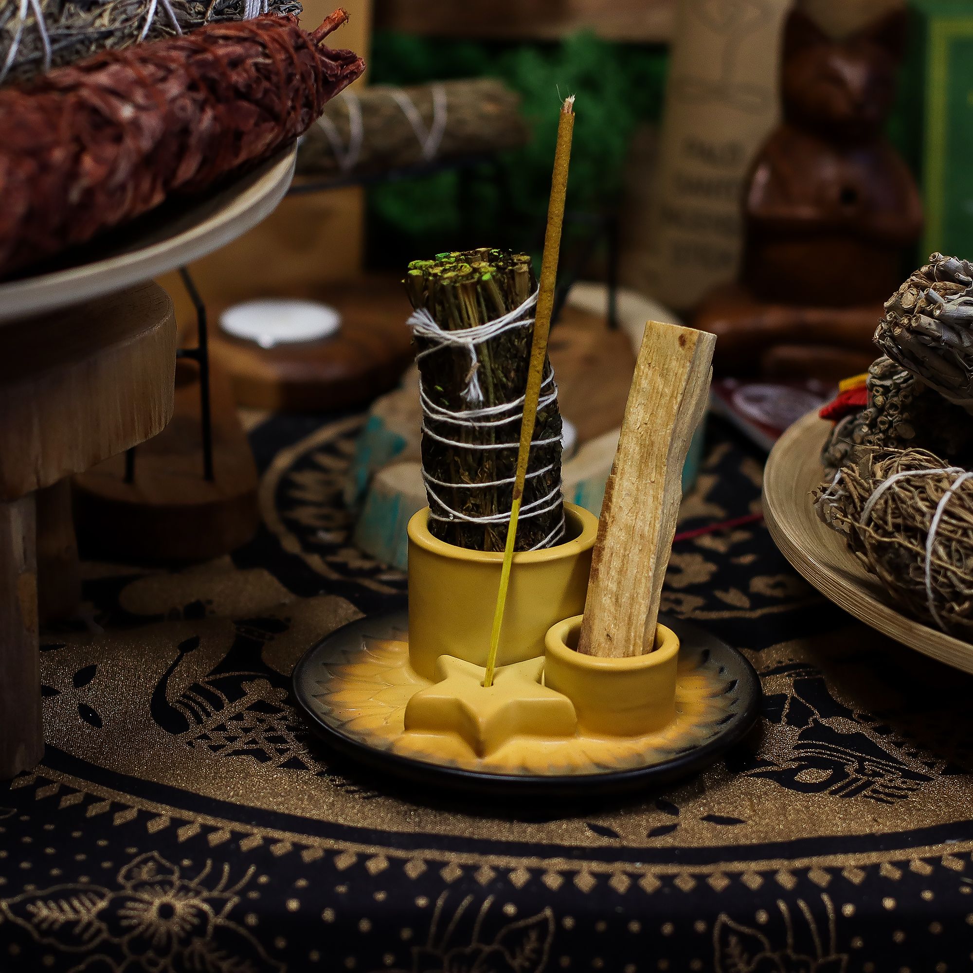 Soporte cerámico para Palo Santo e Incienso - Mandala - Arena y Gris - Imagen 5