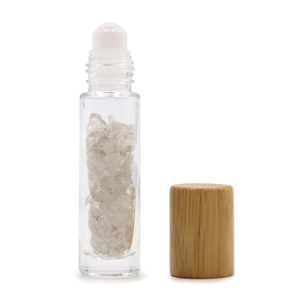 Botella de rodillo de aceite esencial de piedras preciosas – Cuarzo de roca – Tapa de madera