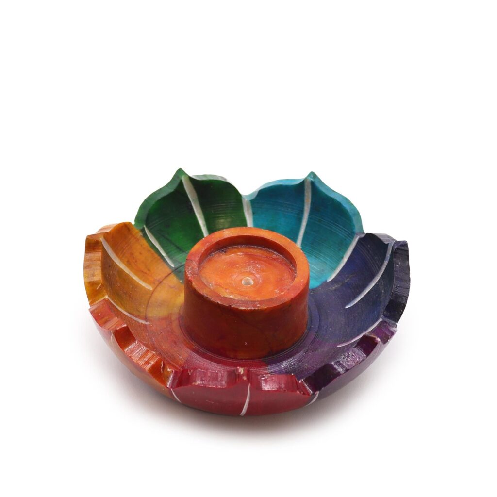 Porta-incienso Flor de Loto Pequeña de Esteatita 7.5×2.5cm – Colores de los Chakras