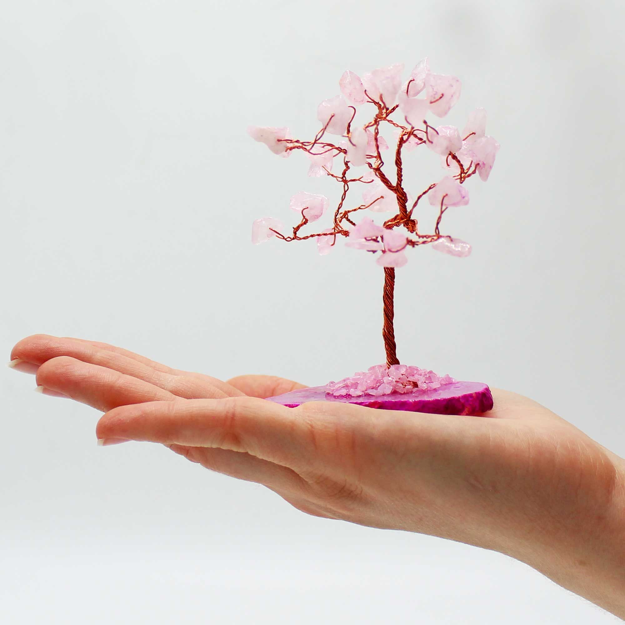 Árbol de piedras preciosas: Cuarzo rosa sobre base de ágata rosa (35 piedras) - Imagen 4