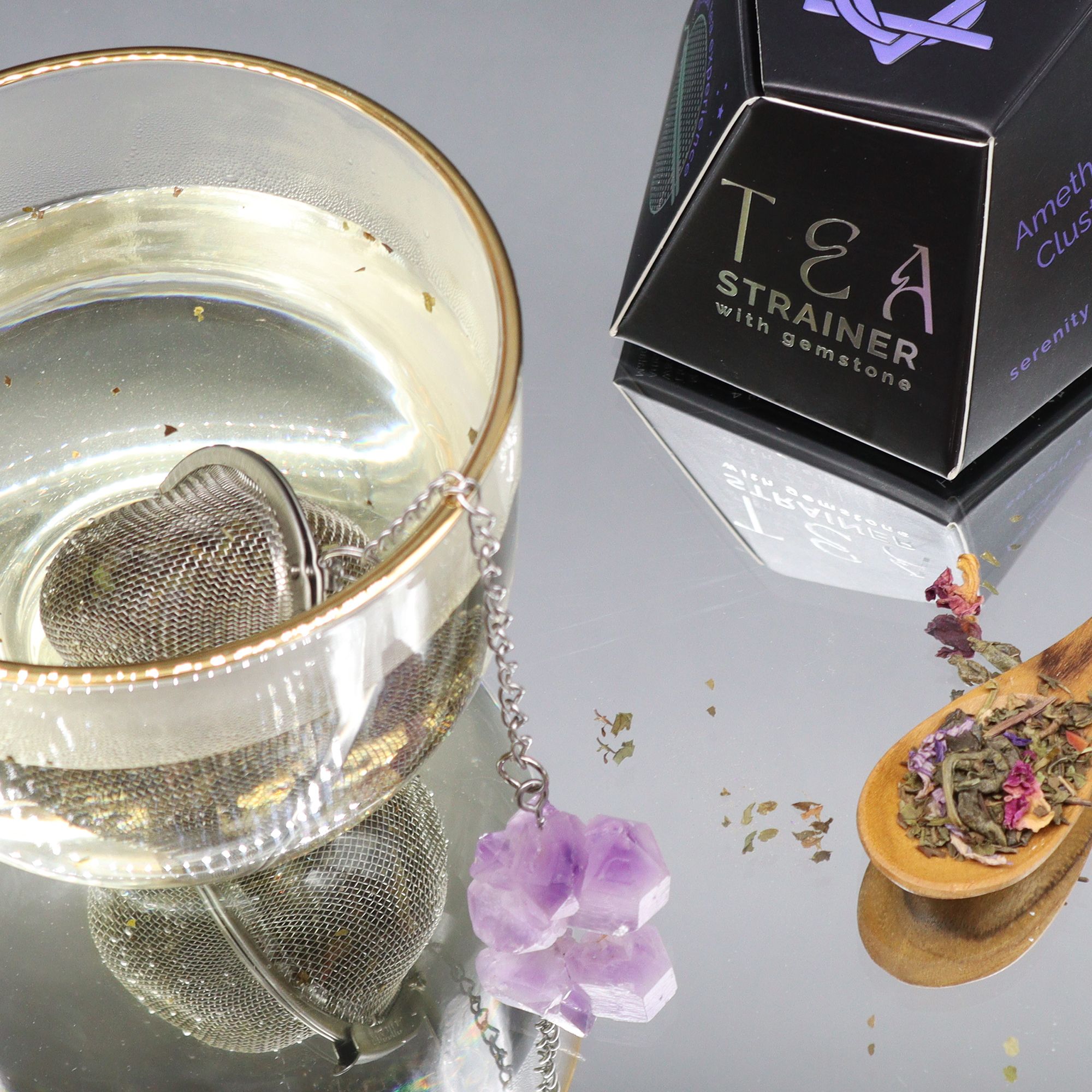 Colador de té de piedras preciosas de cristal crudo - Racimo de amatista - Imagen 7