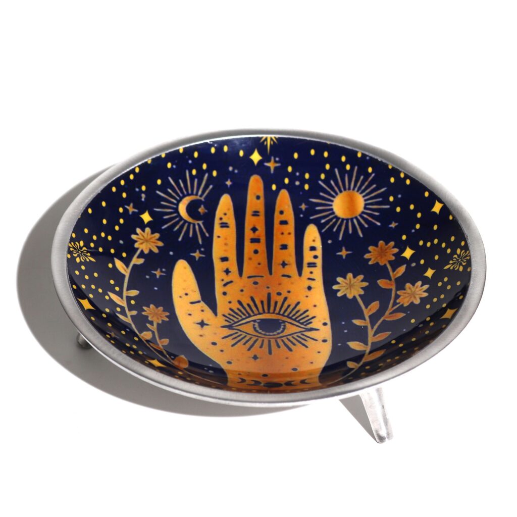 Plato de ofrendas esmaltado con tres patas – Hamsa azul medianoche