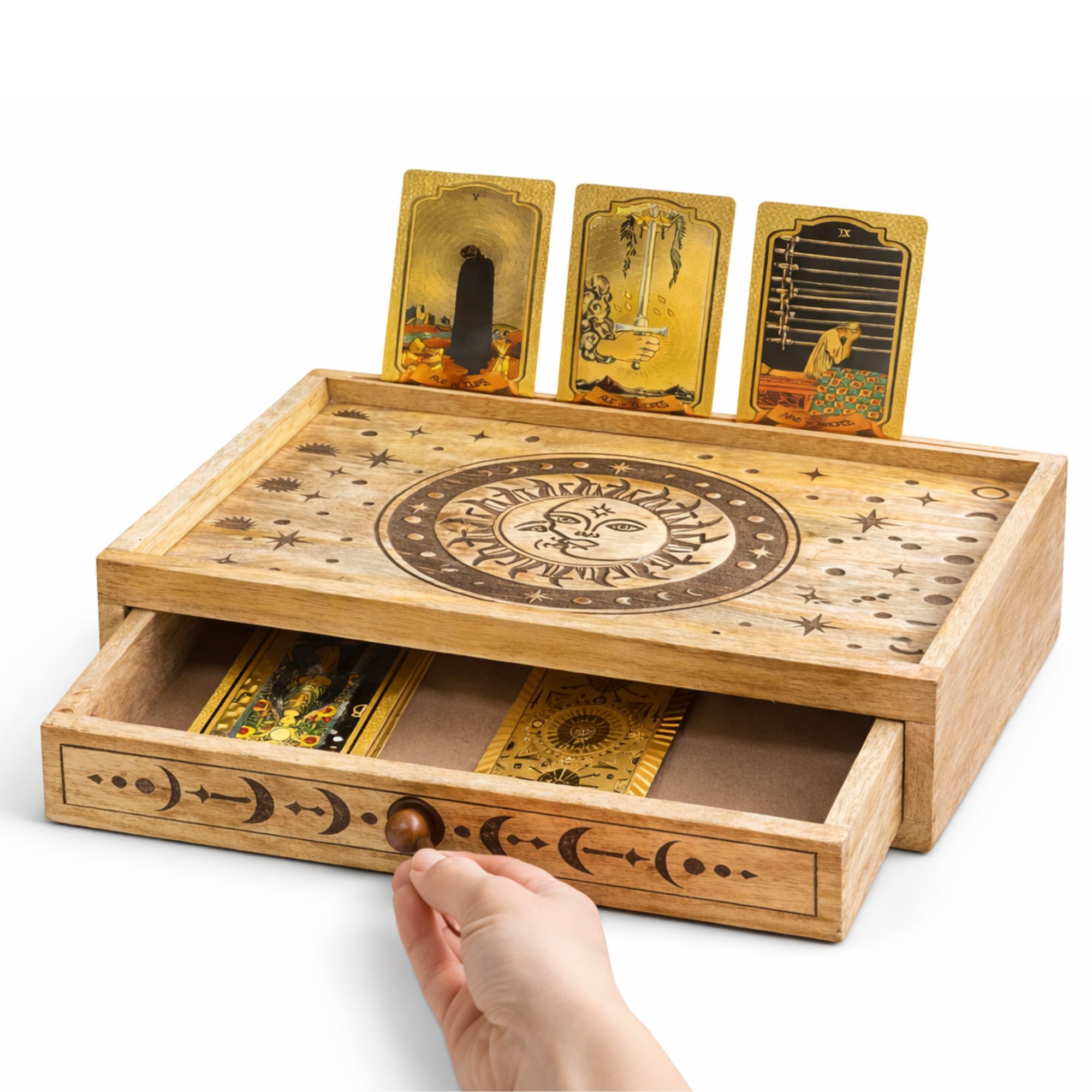 Caja de tarot tallada con Sol y Luna y cajón - Imagen 2