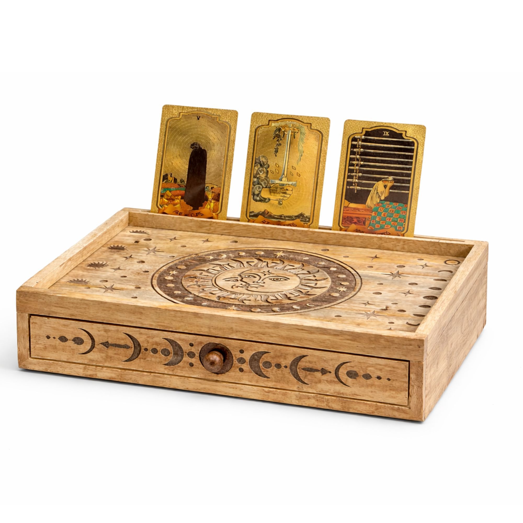 Caja de tarot tallada con Sol y Luna y cajón - Imagen 3