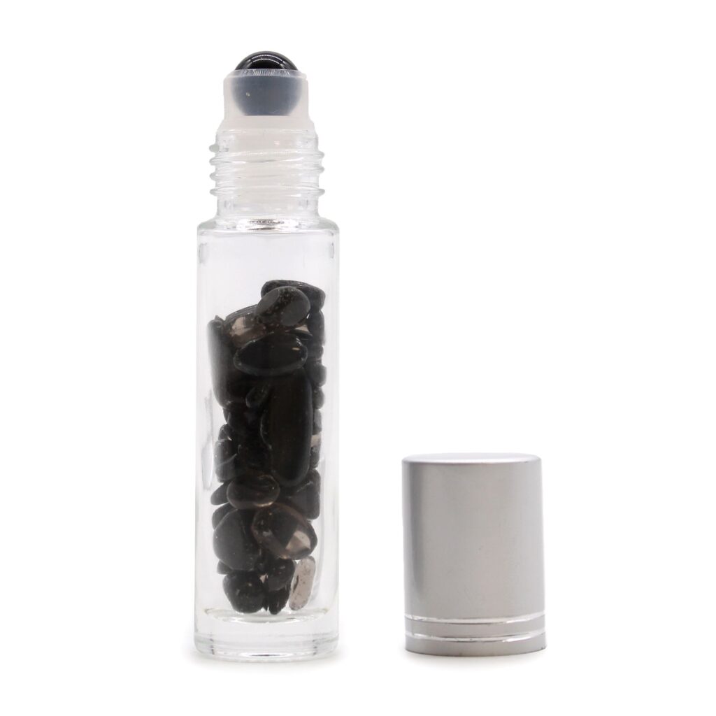 Botella de rodillo de aceite esencial de piedras preciosas – Turmalina negra – Tapa plateada