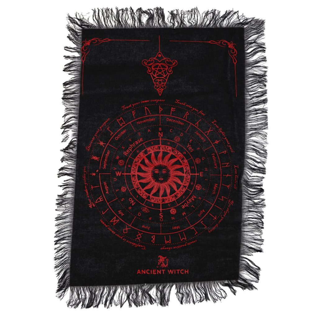 Paño de bruja y péndulo - Rostro del Sol (negro y rojo)