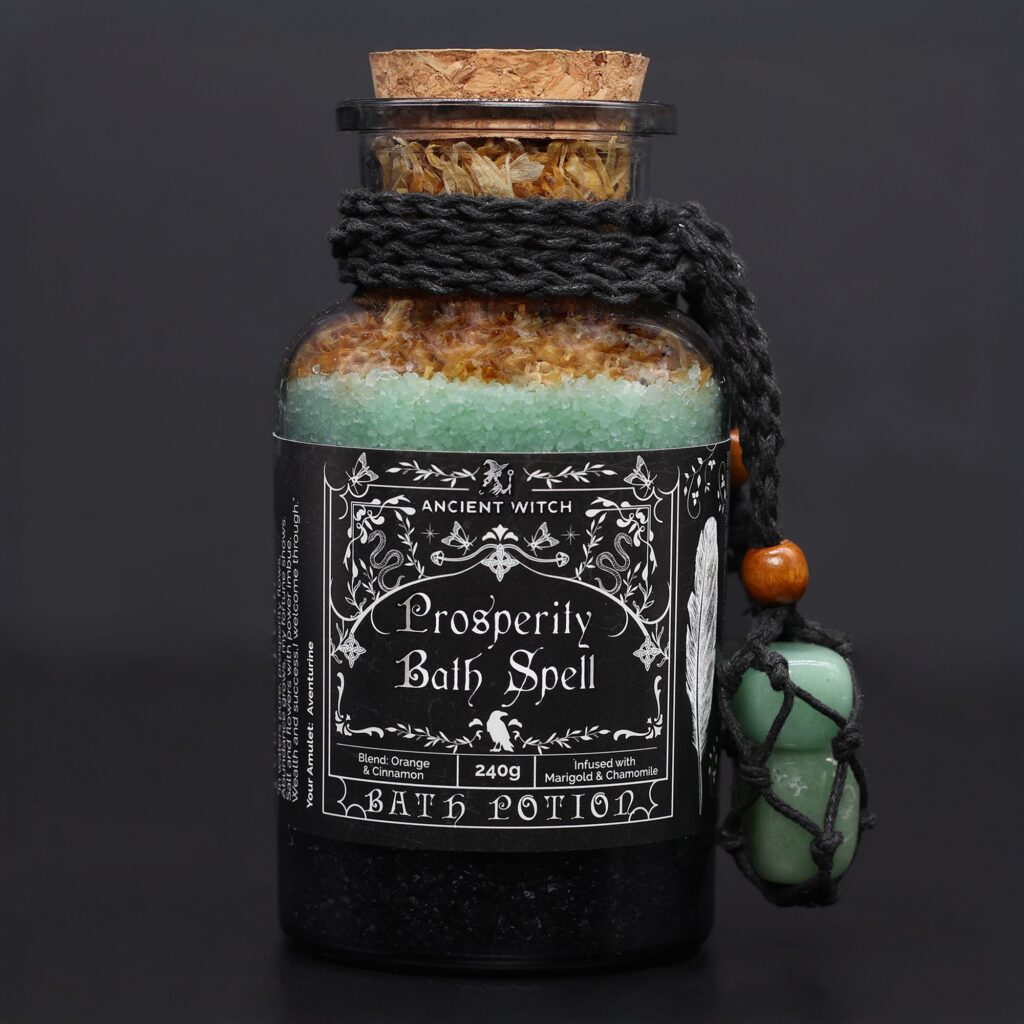 Poción de hechizo de baño de bruja antigua y amuleto de cristal de aventurina - prosperidad