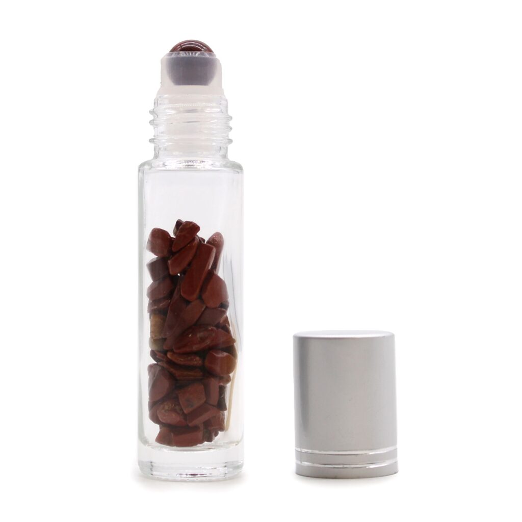 Botella de rodillo de aceite esencial de piedras preciosas – Jaspe rojo – Tapa plateada