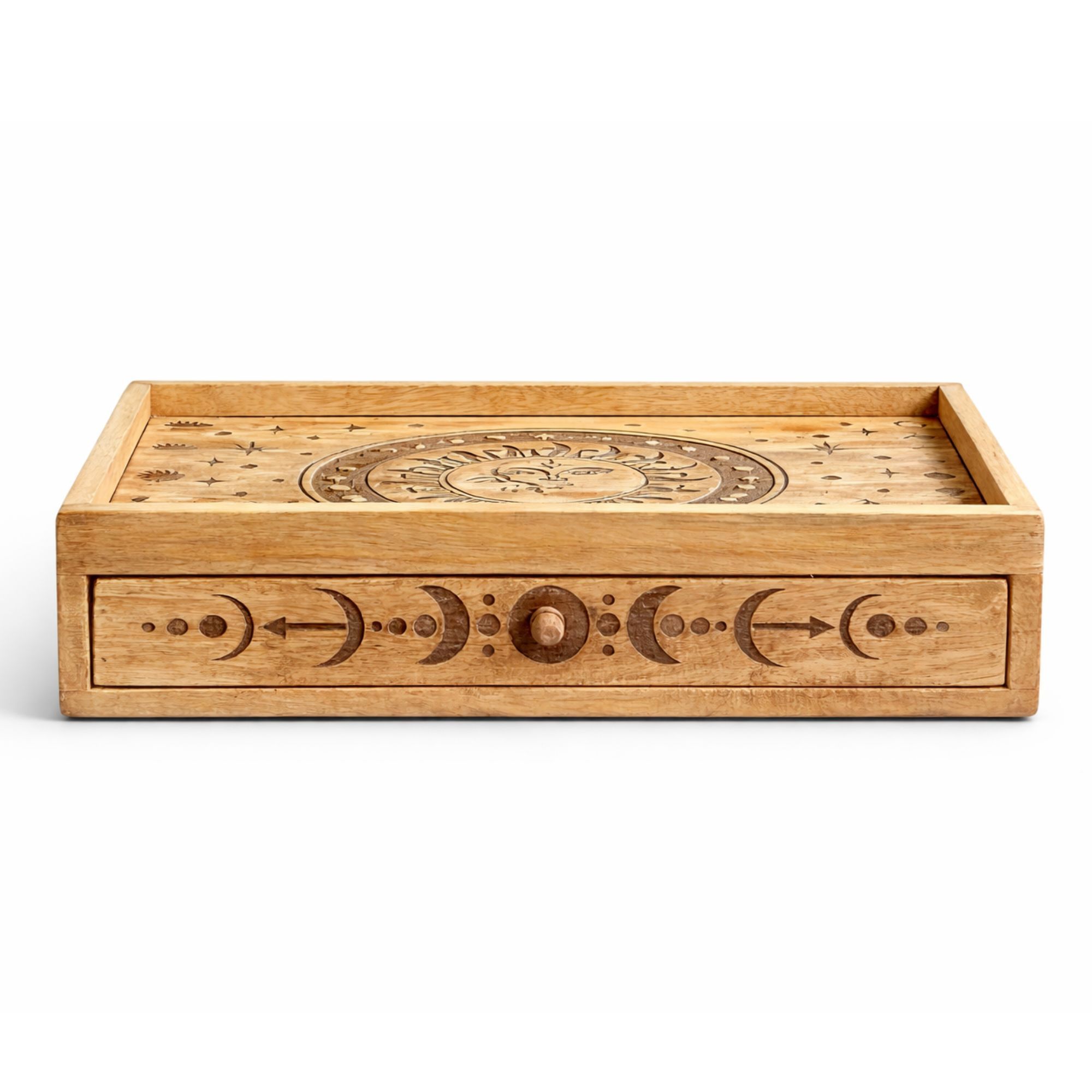 Caja de tarot tallada con Sol y Luna y cajón - Imagen 4