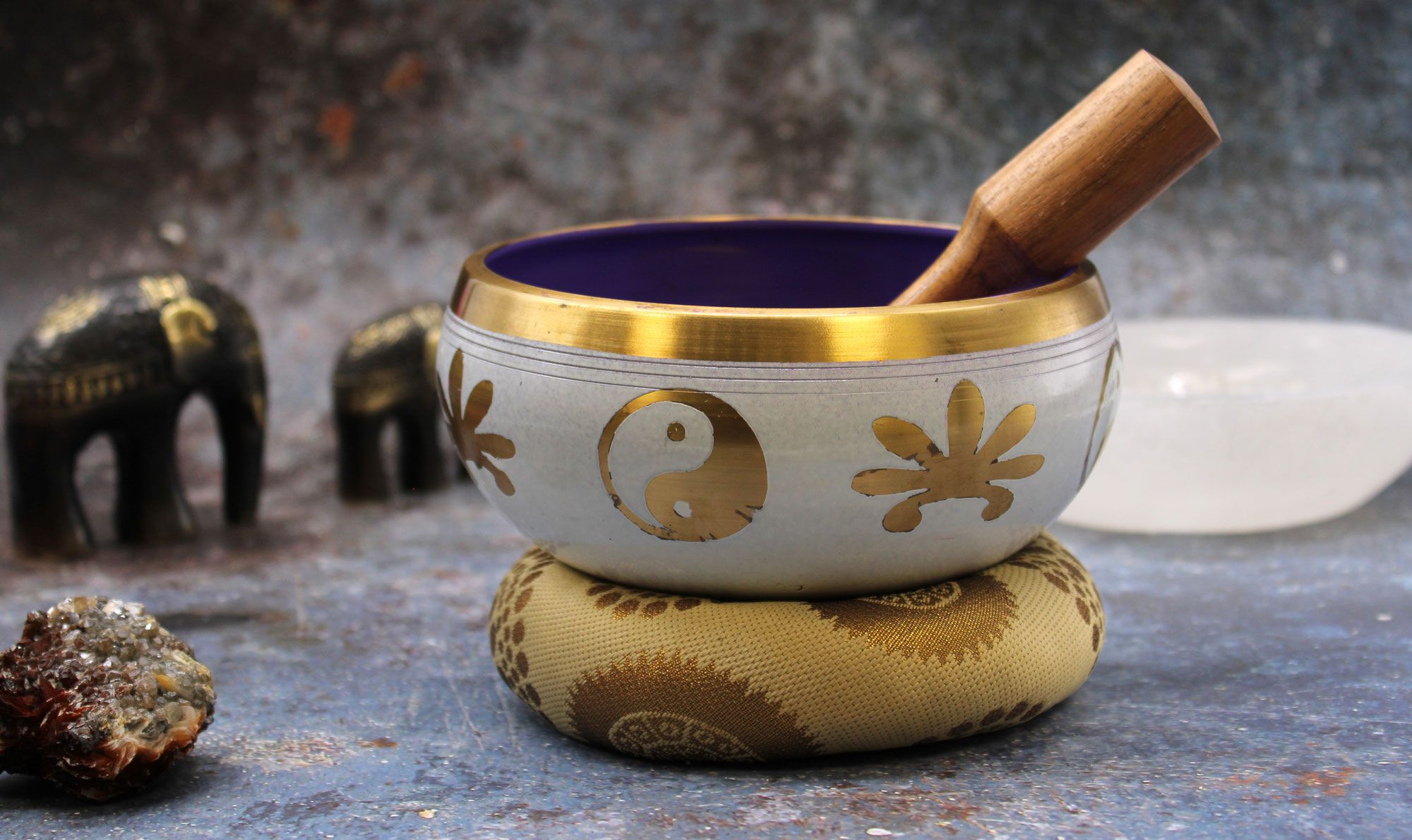 Juego de Cuencos Tibetano Lrg - Yin & Yang - Blanco/Morado 14cm - Imagen 7