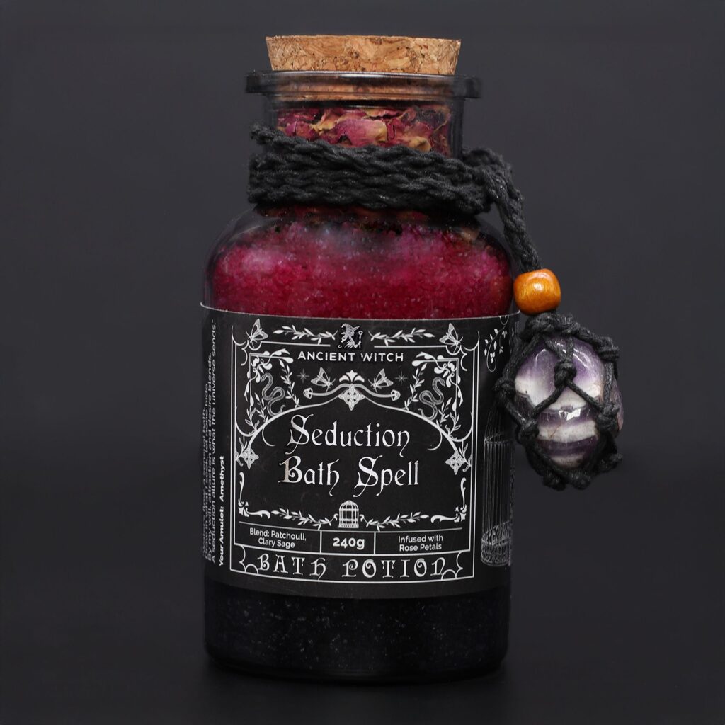 Poción de hechizo para baño de bruja antigua y amuleto de cristal de amatista - Seducción