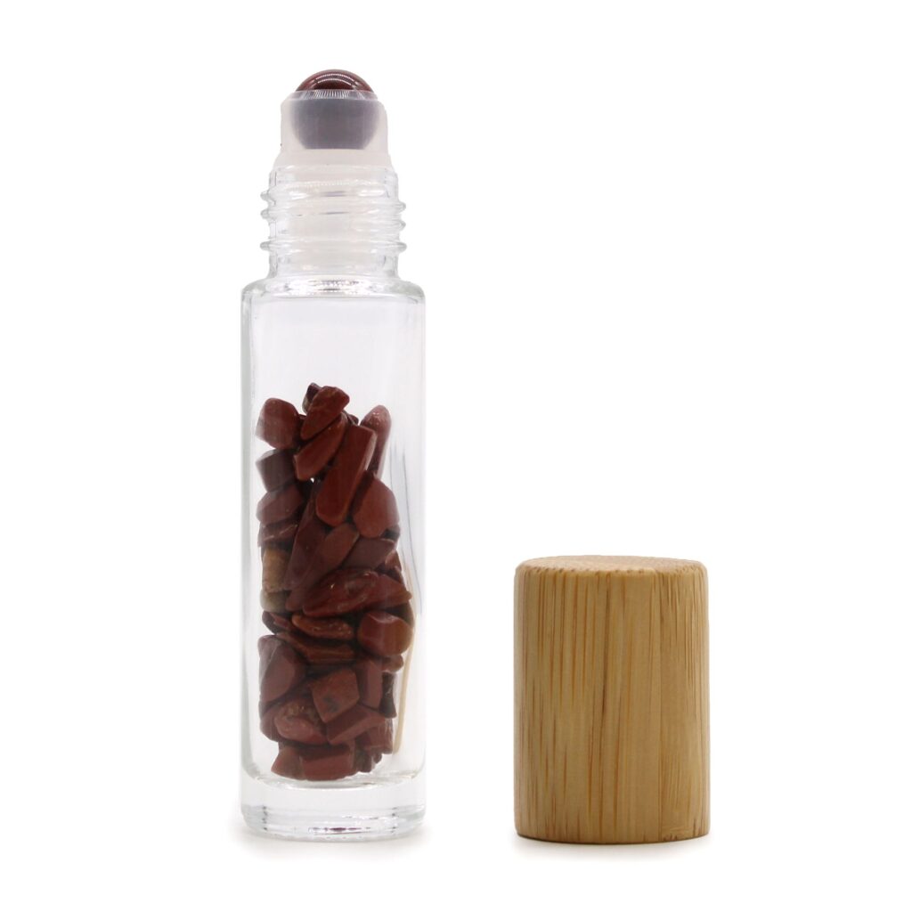 Botella de rodillo de aceite esencial de piedras preciosas – Jaspe rojo – Tapa de madera