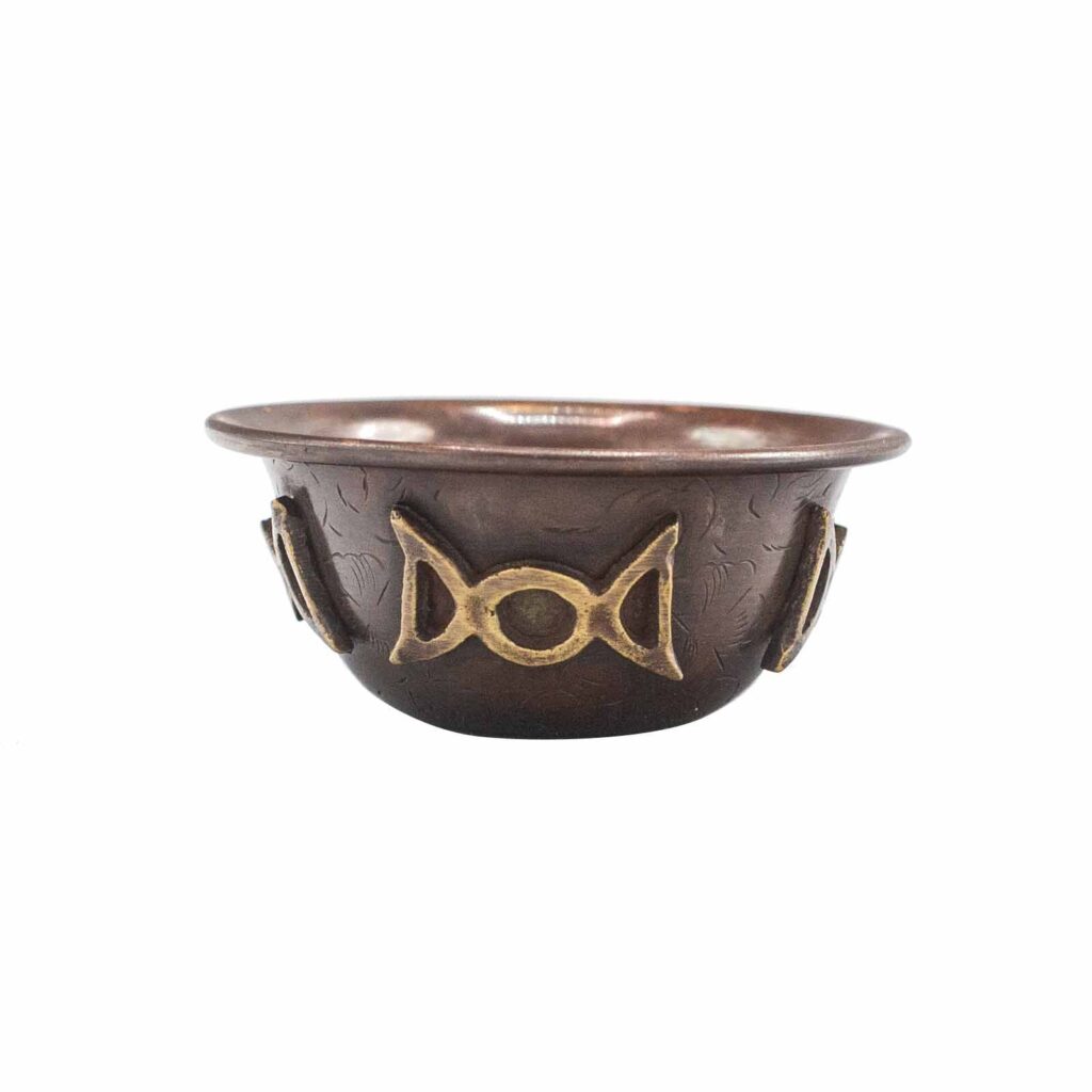 Cuenco ritual antiguo de cobre con luna triple 8×4 cm