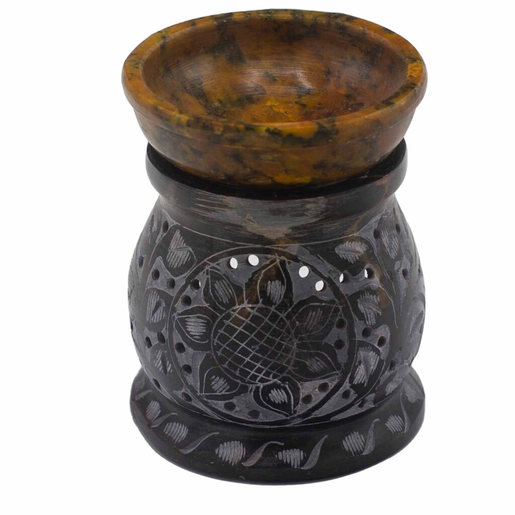 Quemador de aceite de esteatita 10 cm – Flor de mandala – Negro y amarillo