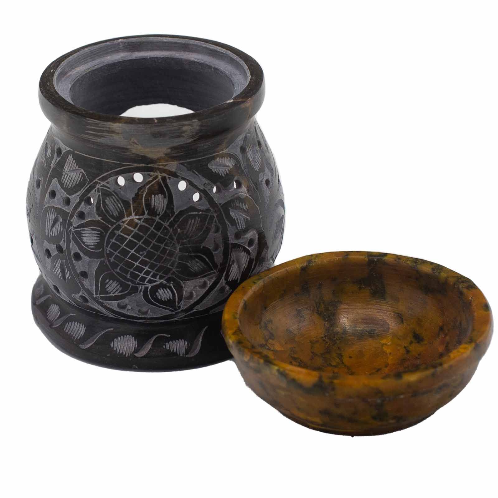 Quemador de aceite de esteatita 10 cm - Flor de mandala - Negro y amarillo - Imagen 2