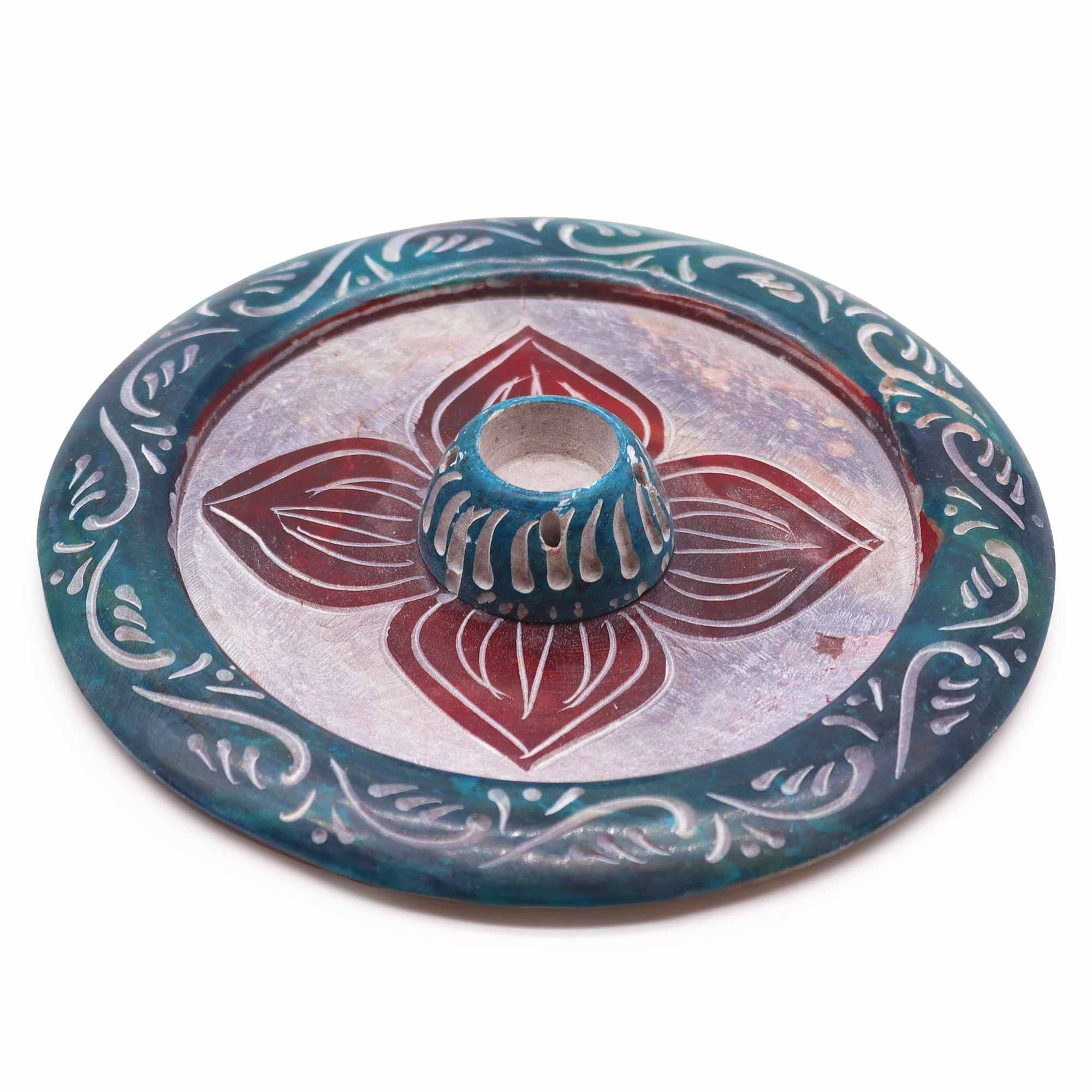 Porta-incienso Disco de Esteatita 12cm – Cuatro Pétalos (cono y porta-incienso)