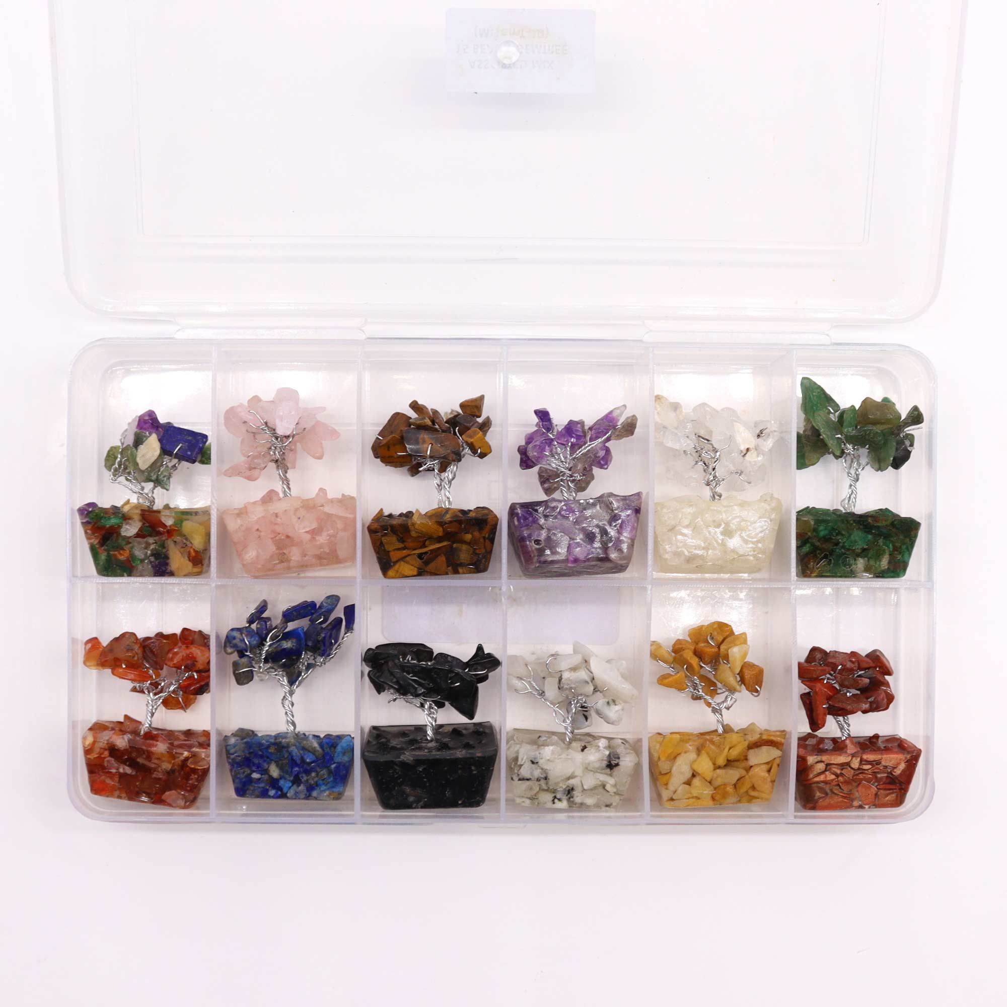 Mini árboles de piedras preciosas sobre base de orgonita – Mezcla Surtida (15 piedras)