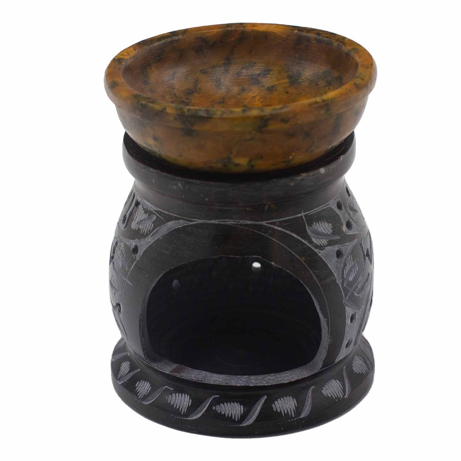 Quemador de aceite de esteatita 10 cm - Flor de mandala - Negro y amarillo - Imagen 3