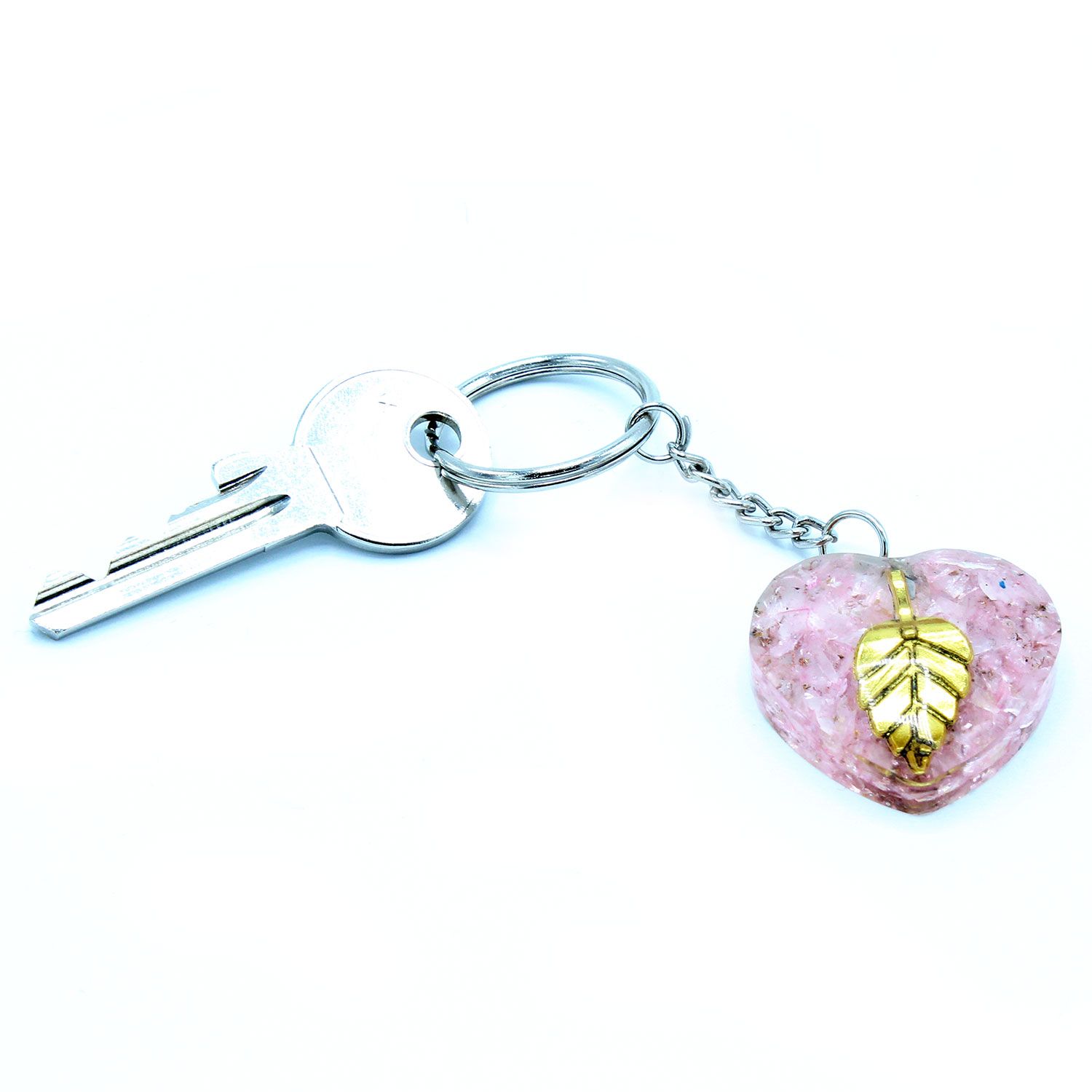 Llavero de orgonita Power - Corazones de Cuarzo Rosa Hoja de Oro - Imagen 5