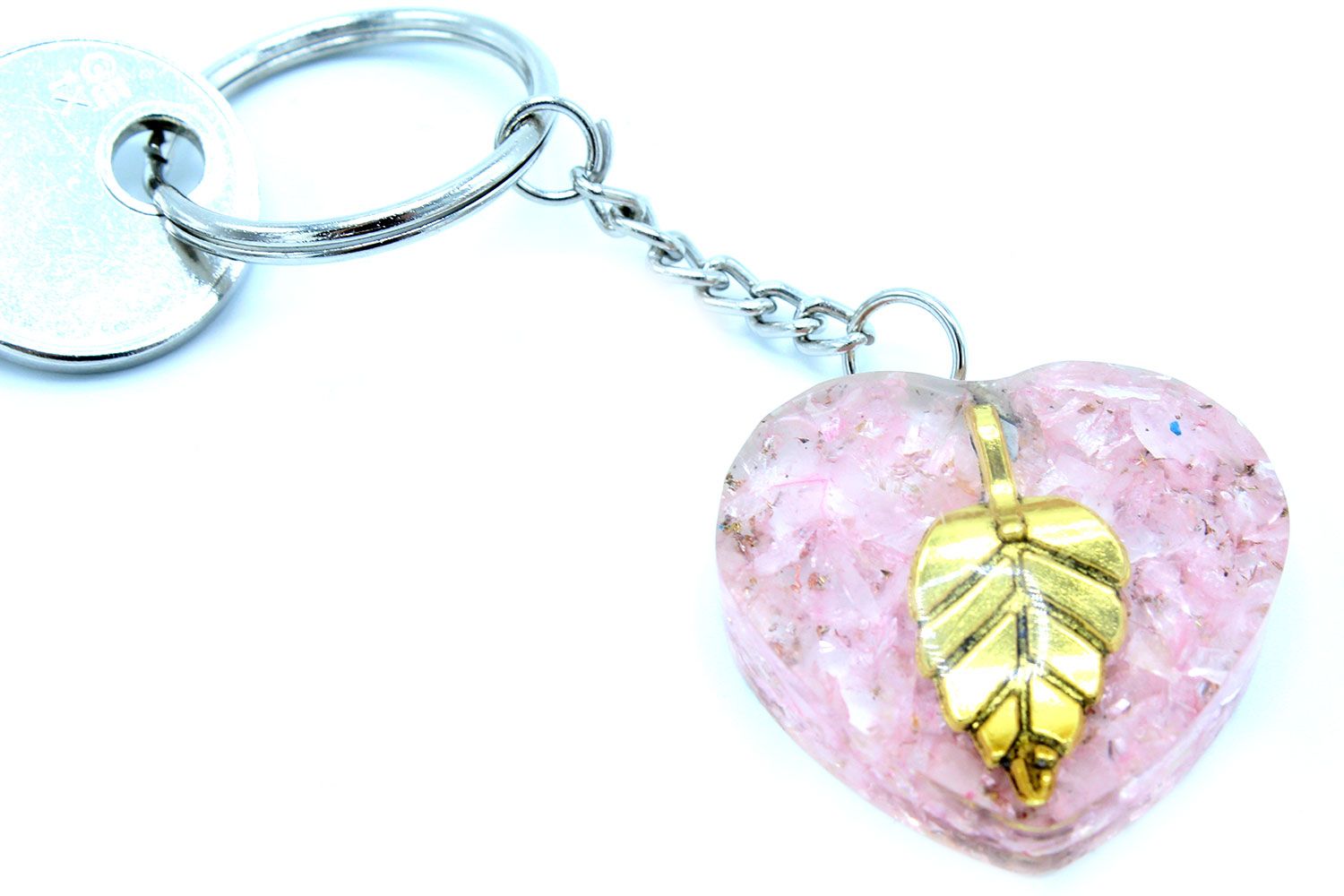 Llavero de orgonita Power - Corazones de Cuarzo Rosa Hoja de Oro - Imagen 6