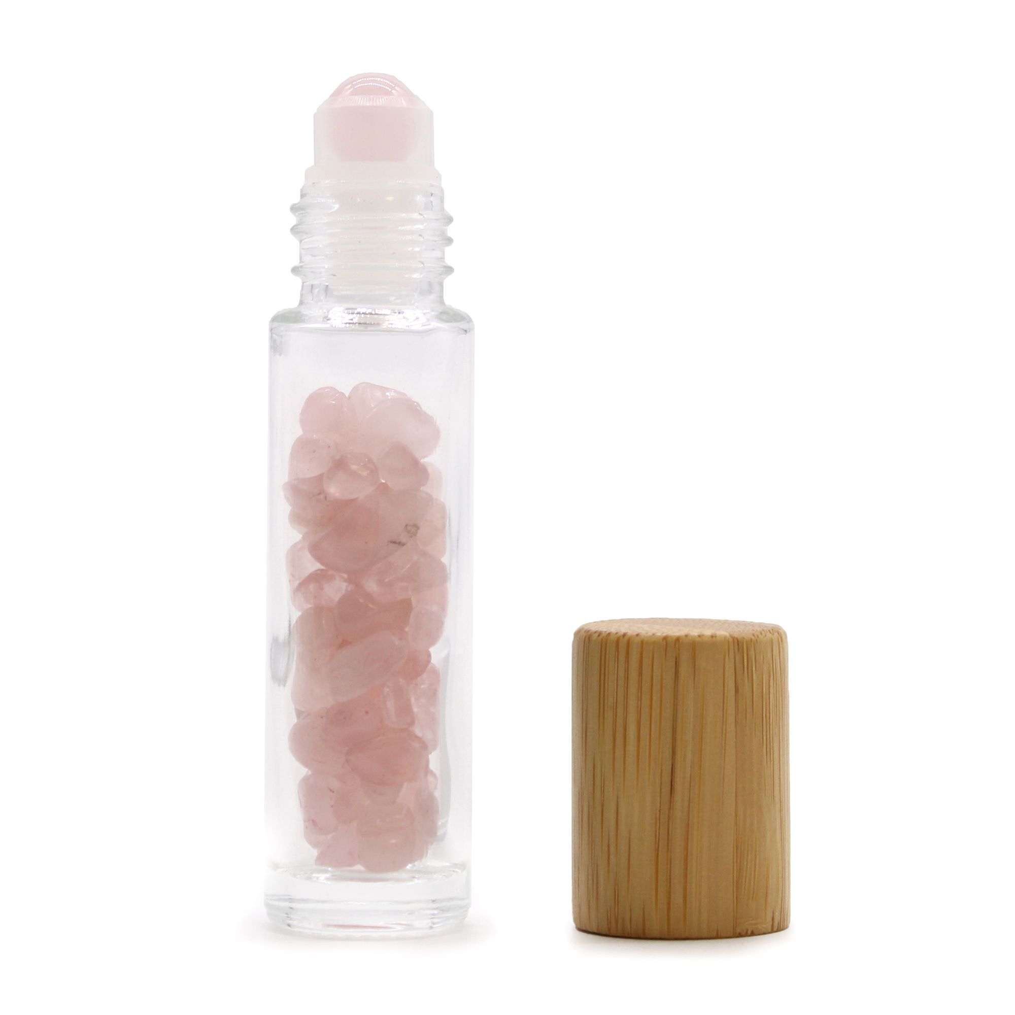 Botella de rodillo de aceite esencial de piedras preciosas – Cuarzo rosa – Tapa de madera
