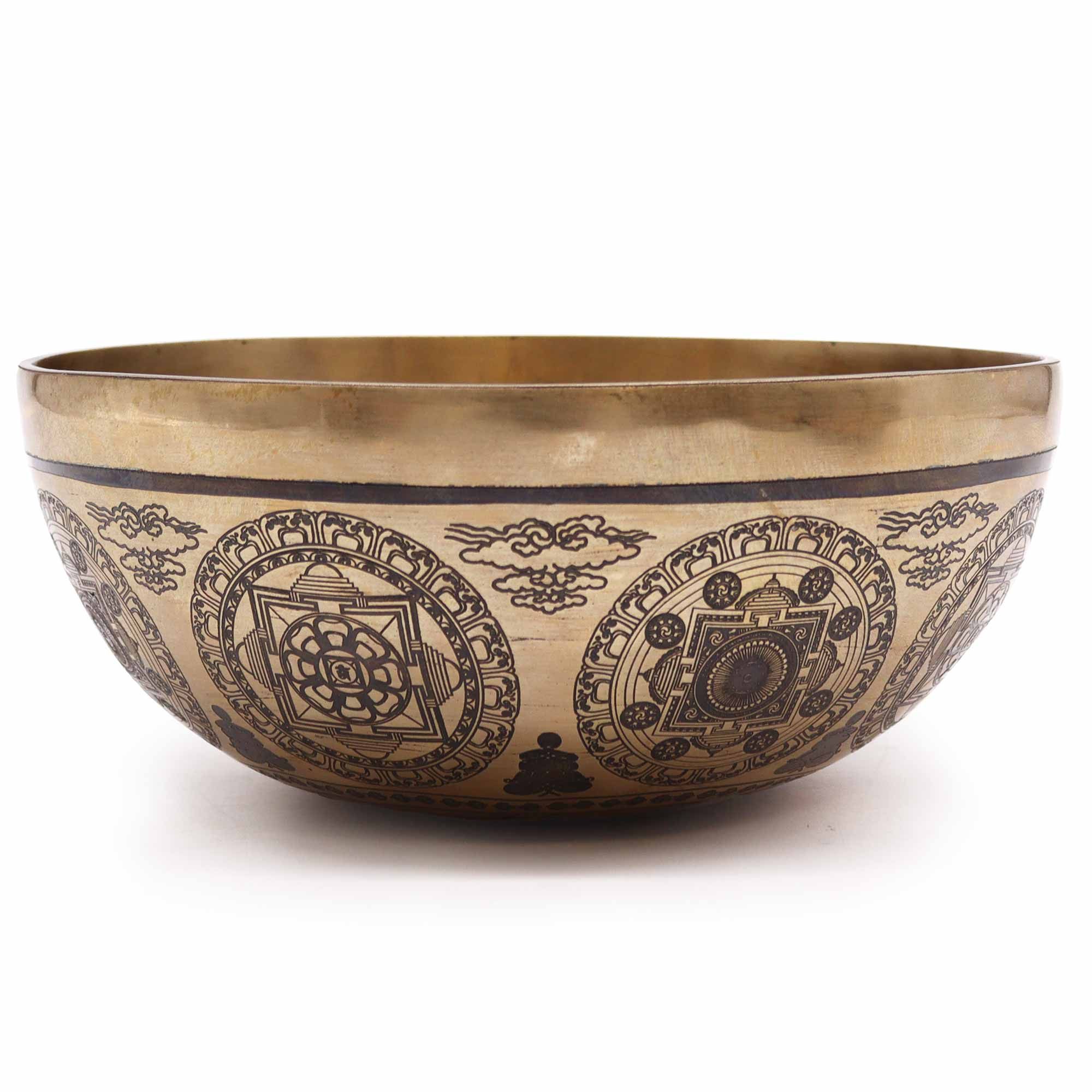 Cuenco tibetano grabado - 21 cm - Siete chakras y Flor de la Vida
