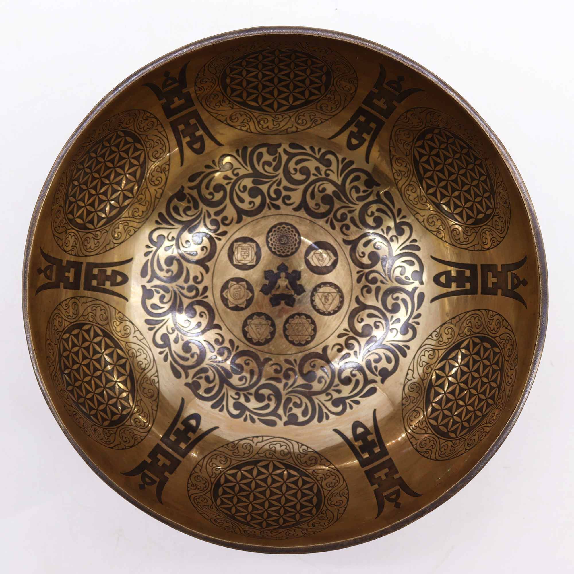 Cuenco tibetano grabado - 21 cm - Siete chakras y Flor de la Vida - Imagen 2