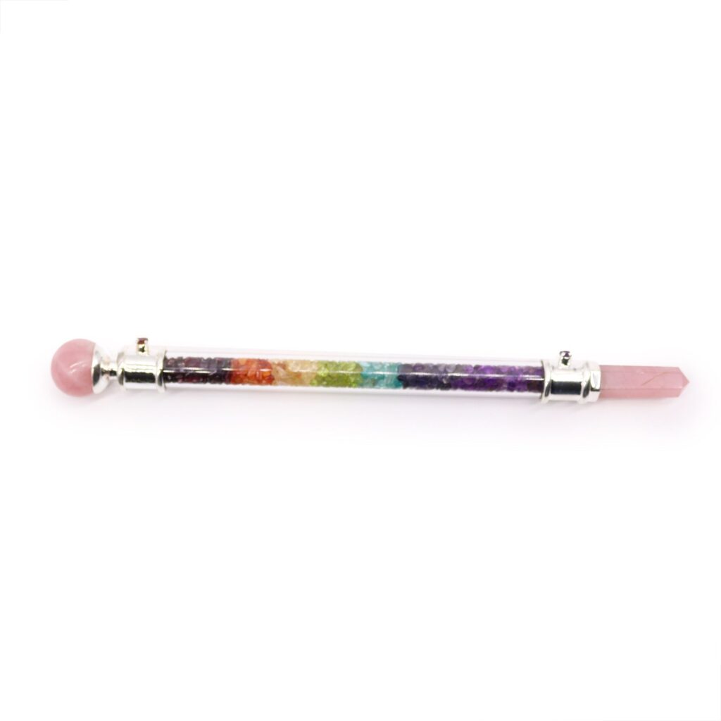 Varita de siete chakras con cuarzo rosa