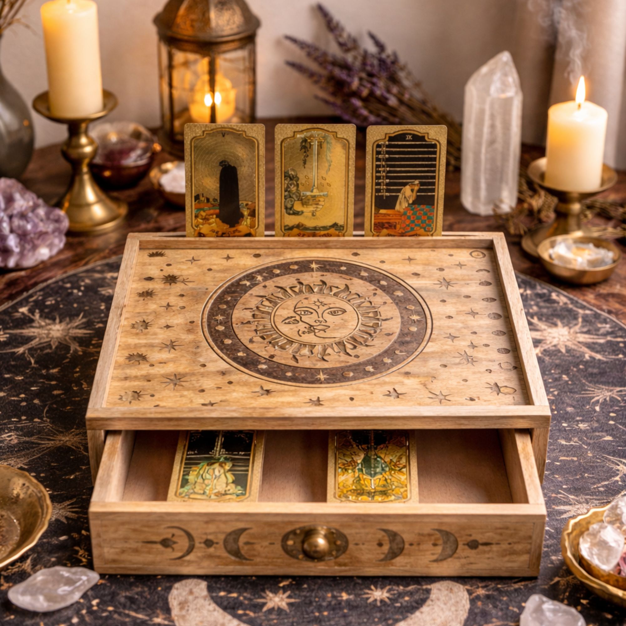 Caja de tarot tallada con Sol y Luna y cajón - Imagen 5