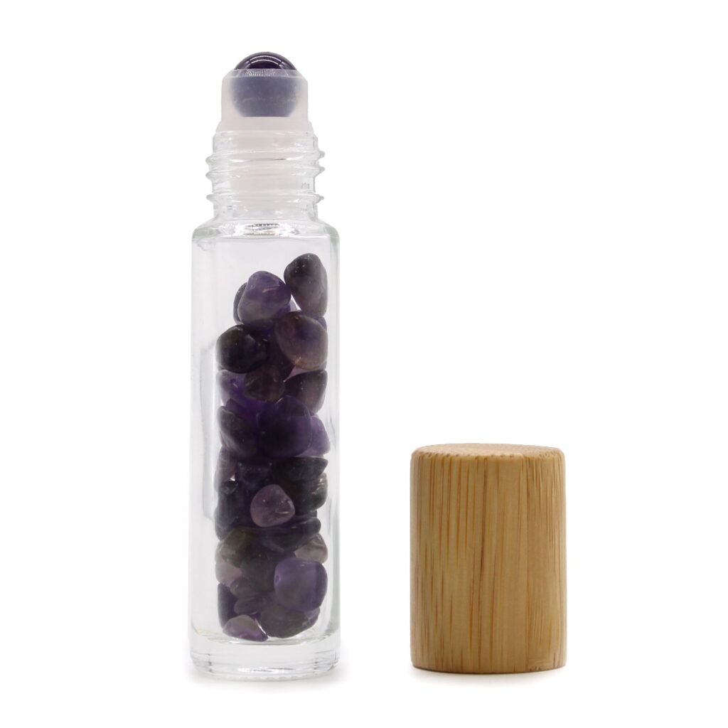 Botella de rodillo de aceite esencial de piedras preciosas – Amatista – Tapa de madera