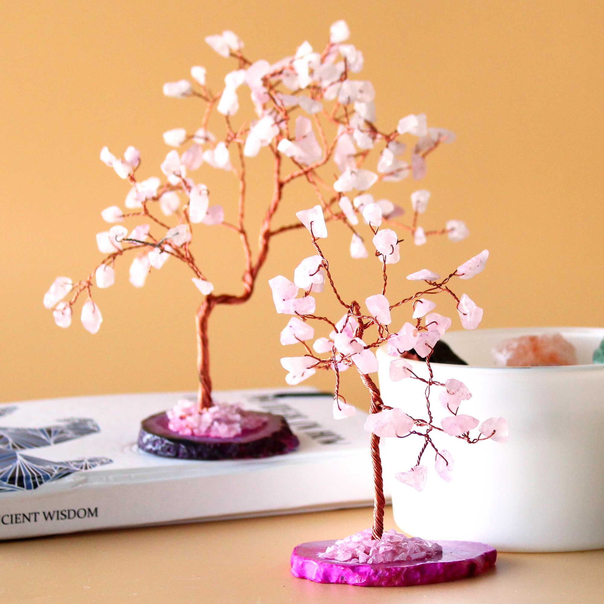 Árbol de piedras preciosas: Cuarzo rosa sobre base de ágata rosa (35 piedras) - Imagen 3