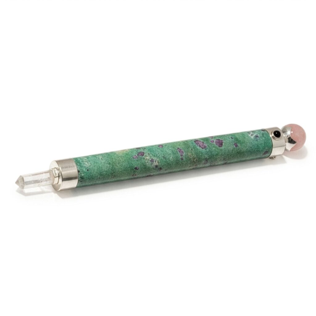 Varita de Corazón Verde – Rubí Fuchsite Cuarzo Rosa con bola de cristal en la parte superior – 23 cm