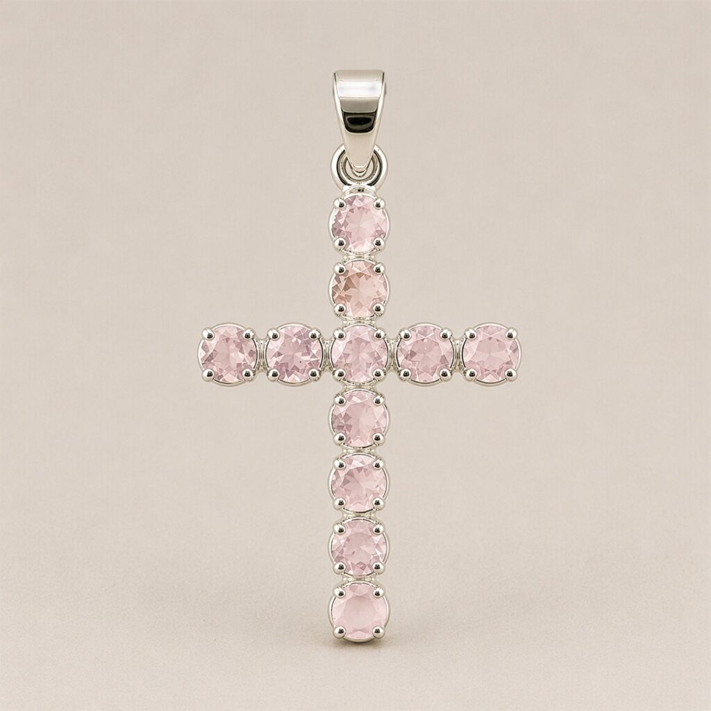 Colgante devocional de la India – Chapado en plata (cadena de 45 cm) – Crucifijo de cuarzo rosa