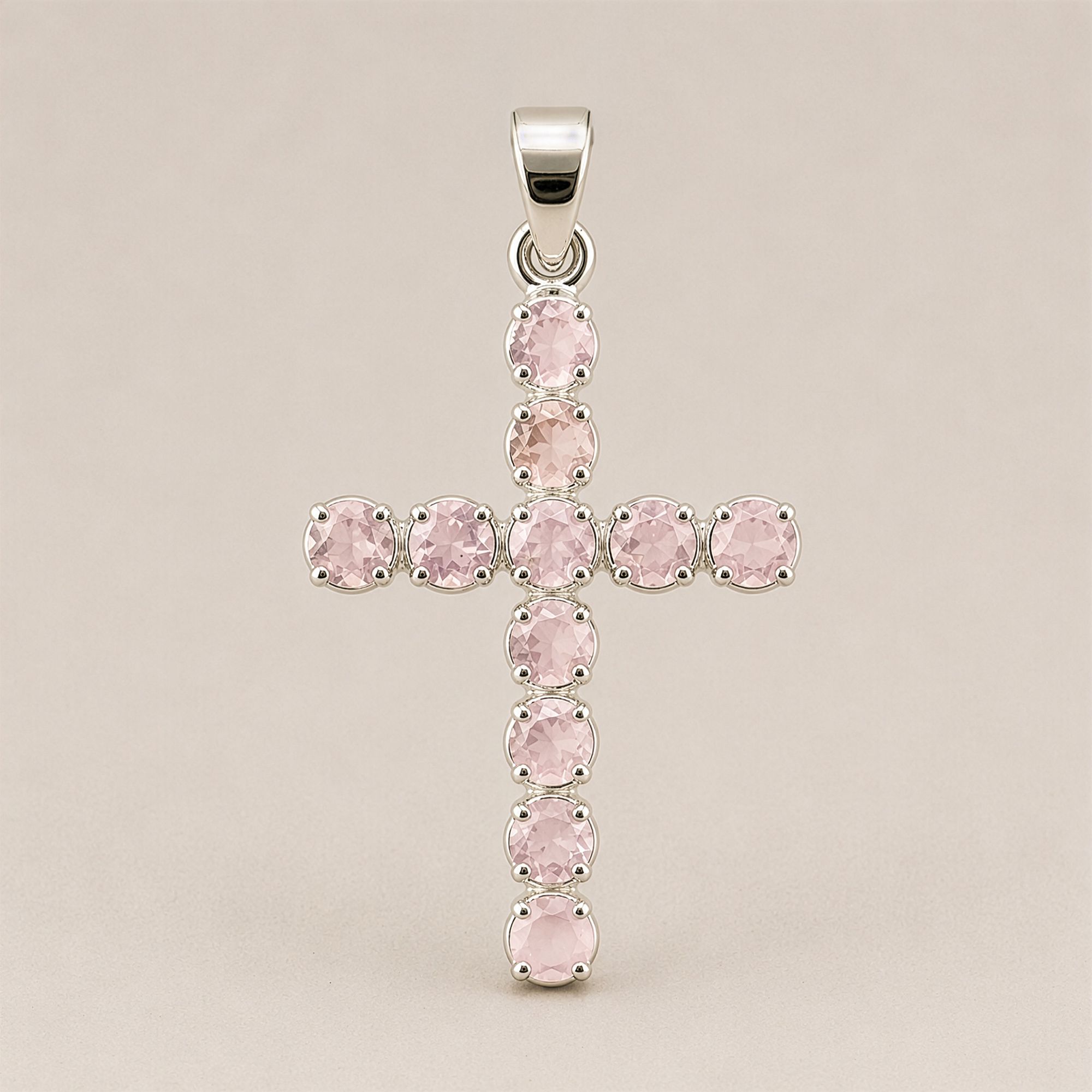 Colgante devocional de la India – Chapado en plata (cadena de 45 cm) – Crucifijo de cuarzo rosa