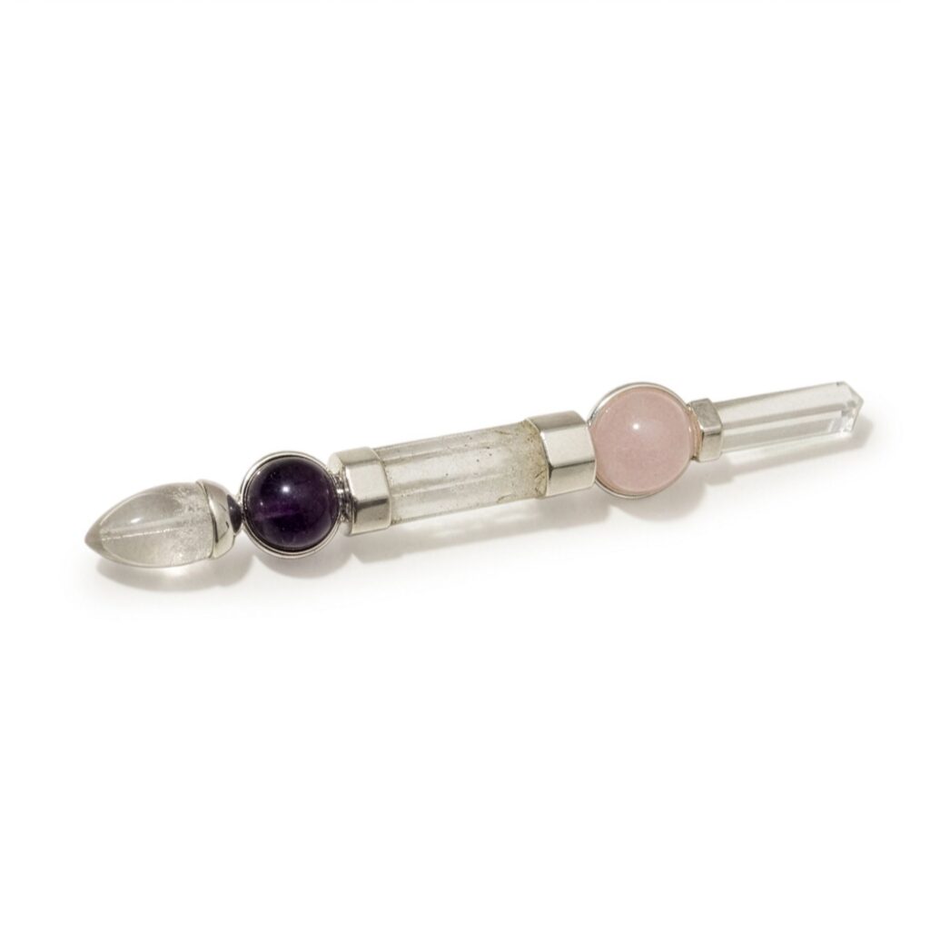 Varita Axis of Grace – Esferas de amatista y cuarzo rosa, tallo de cuarzo – 12 cm