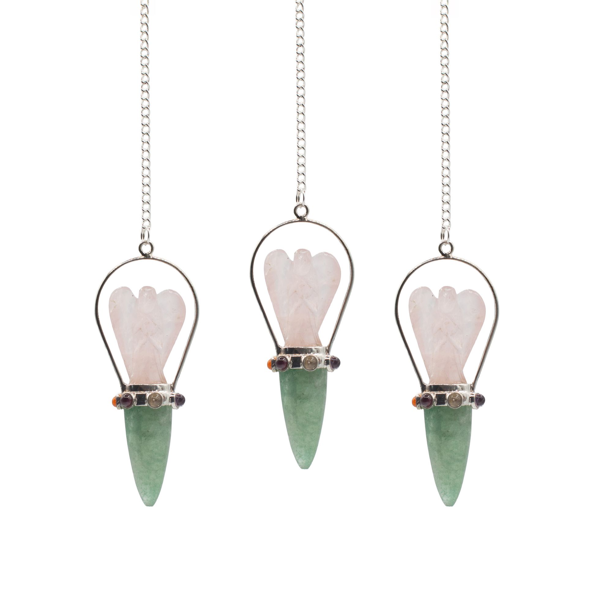 El Oráculo del Corazón – Péndulo de Ángel de Dos Piezas – Banda de Chakras – Cuarzo Rosa y Aventurina Verde
