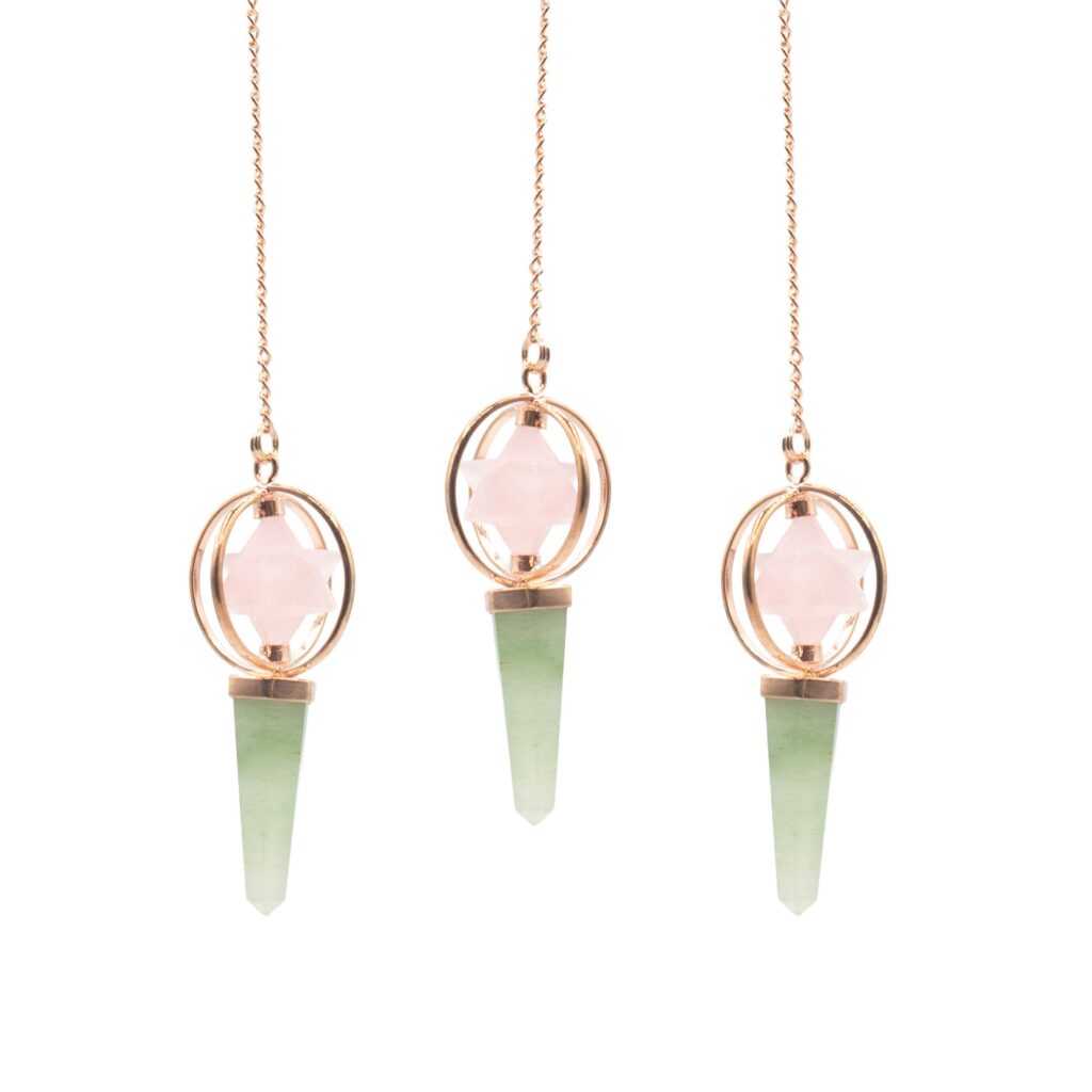 Brújula del Corazón – Estrella Merkaba giratoria de dos piezas en péndulo de cobre – cuarzo rosa y aventurina verde