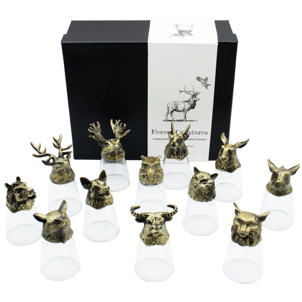 Conjunto de regalo de 12 vasos de chupito Bottom Up (25ml) - Bosque y Criaturas Místicas - Bronce Antiguo