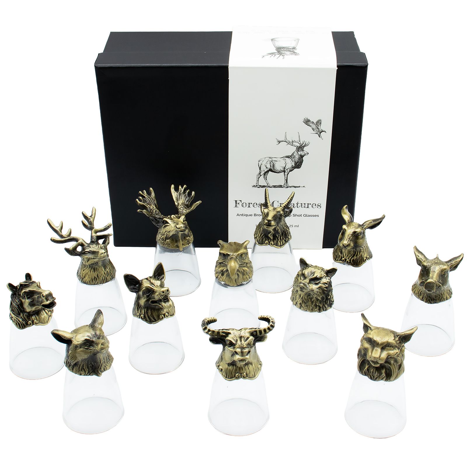 Conjunto de regalo de 12 vasos de chupito Bottom Up (25ml) - Bosque y Criaturas Místicas - Bronce Antiguo