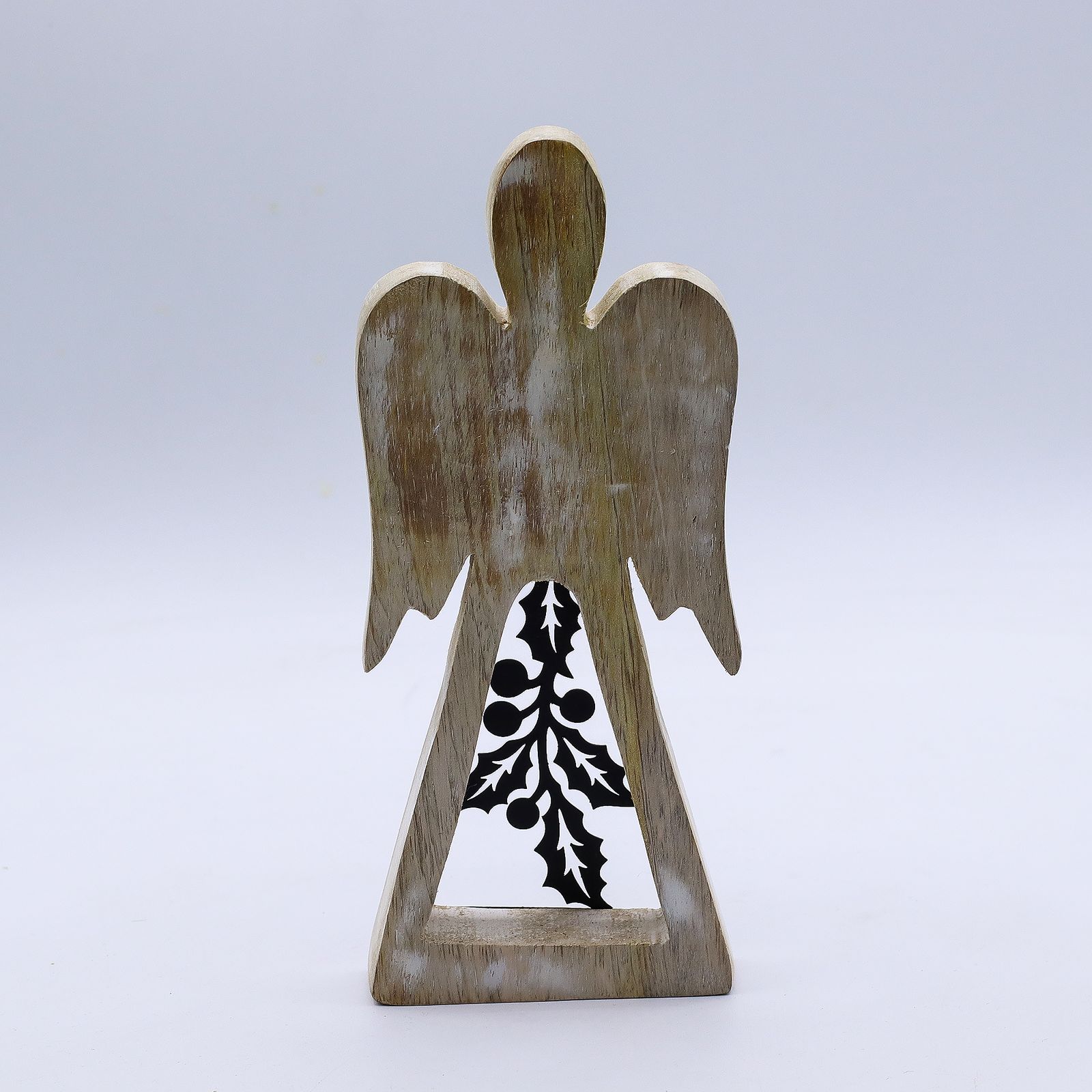 Ángel de madera de mango - acabado lavado blanco con recorte decorativo de hierro - Imagen 4