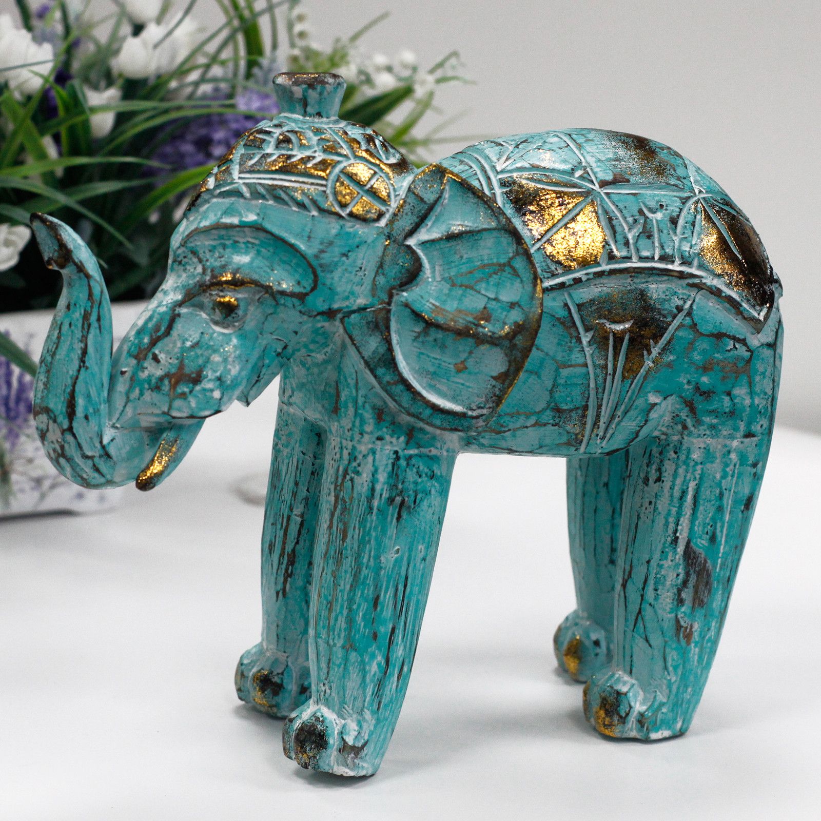 Elefante Tallado en Madera - Oro Turquesa - Imagen 3
