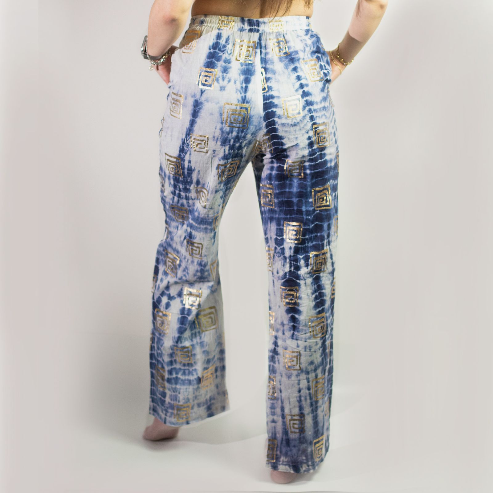 (ML) Colección Nómada Sari Mediterráneo - Pantalones - Motivo Griego en Oro y Azul - Imagen 8