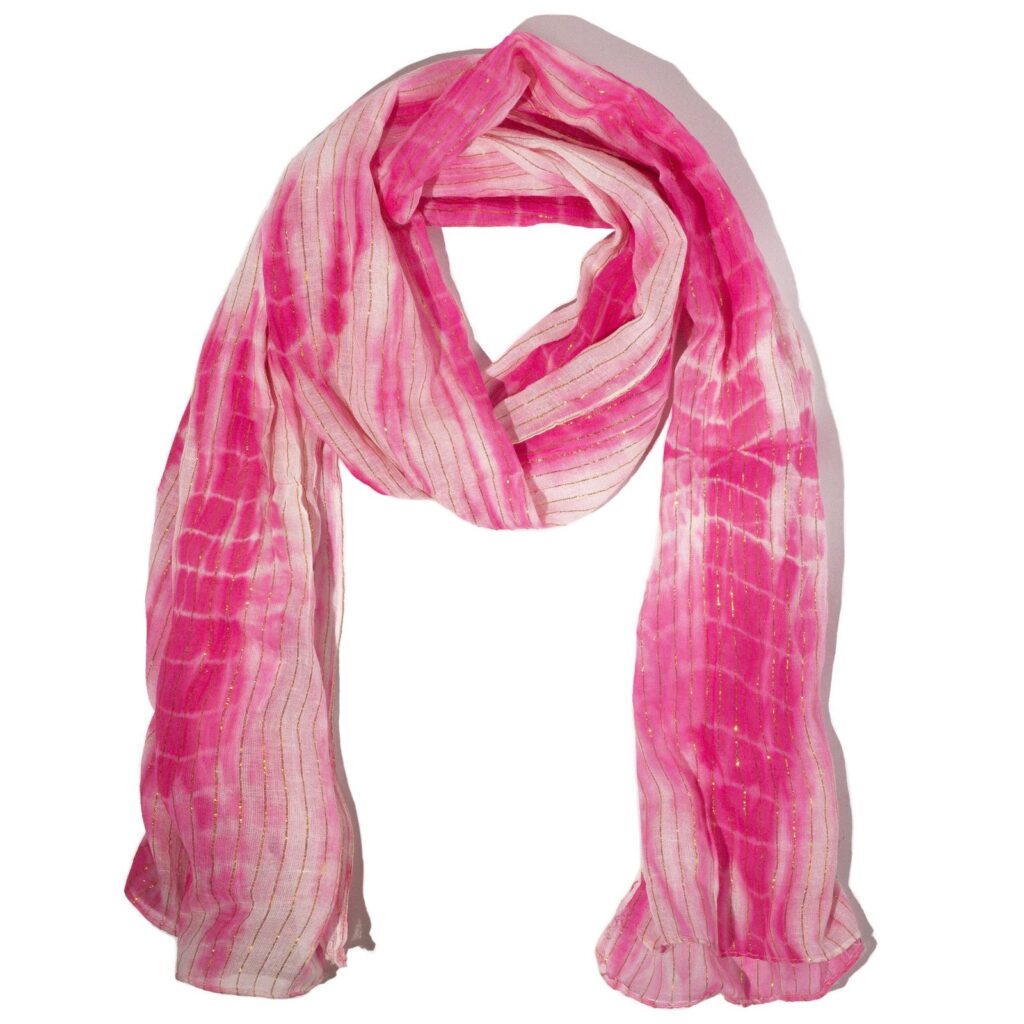 Nomad Sari Bufanda rosa brillante para fiestas – Hilo dorado (180×50 cm)
