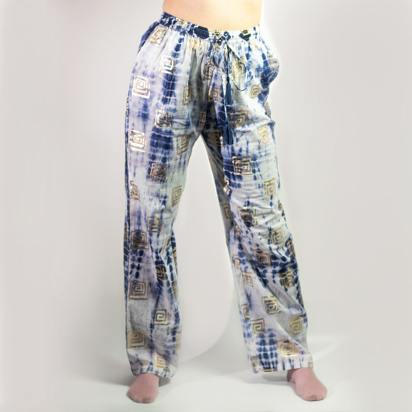 (ML) Colección Nómada Sari Mediterráneo - Pantalones - Motivo Griego en Oro y Azul - Imagen 9