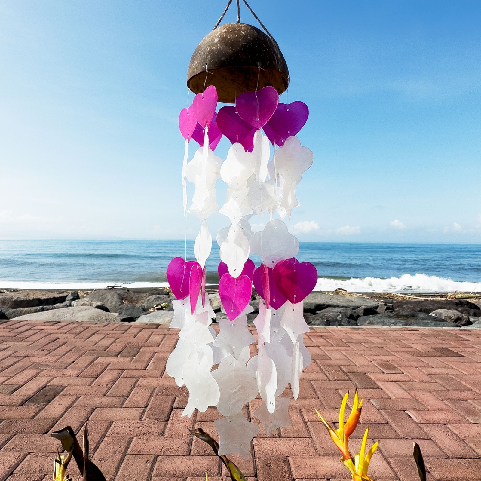 Campanas de viento de coco y capiz - Formas mixtas en rosa y blanco - 35 cm - Imagen 3