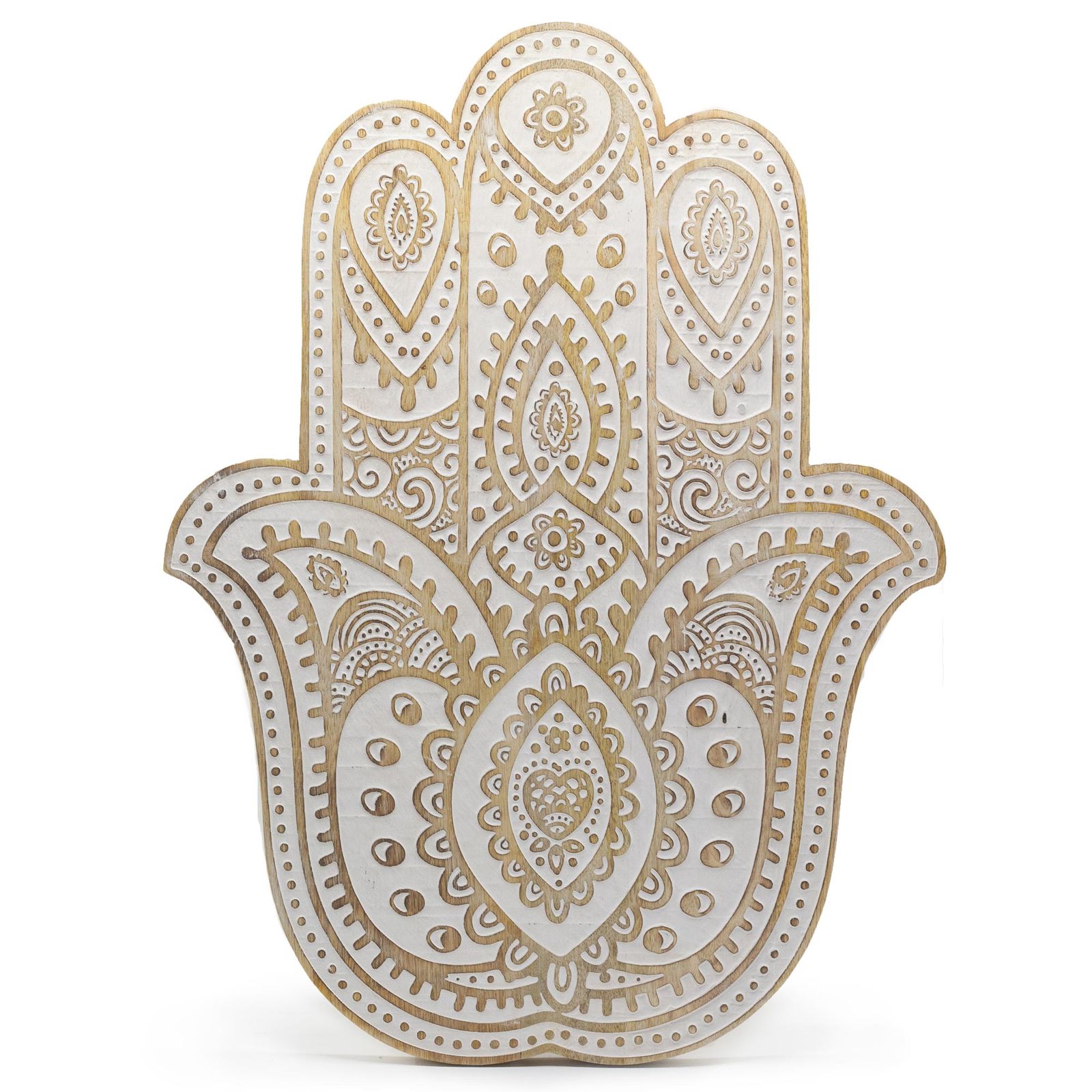 Placa de pared Mano de Hamsa en madera de Mango - Blanco