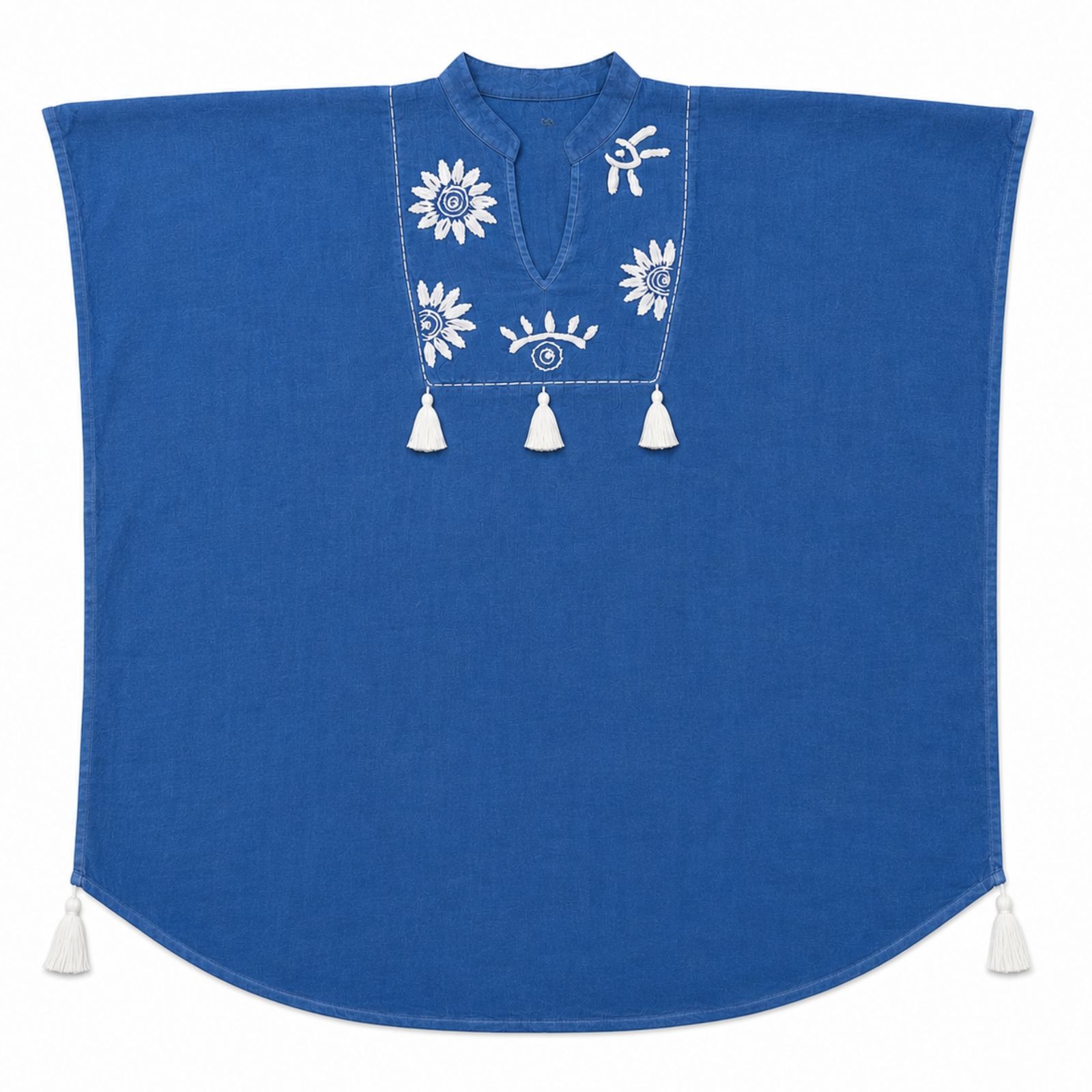 Nomad Sari en la Colección Med - Kaftán - Azul con bordado en crema y borlas - Imagen 2
